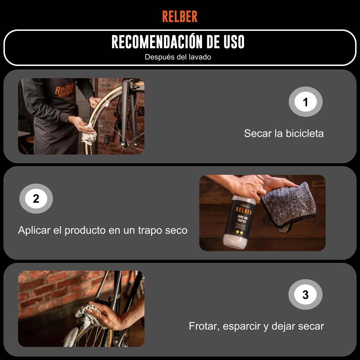 relber - Abrillantador y Protector Bicicleta 1L | Abrillantador de Neumaticos Ciclismo | Kit Limpieza Bicicleta MTB o Bicicleta Carretera | Shine and Protect Bike | Limpiadores para Bicicletas