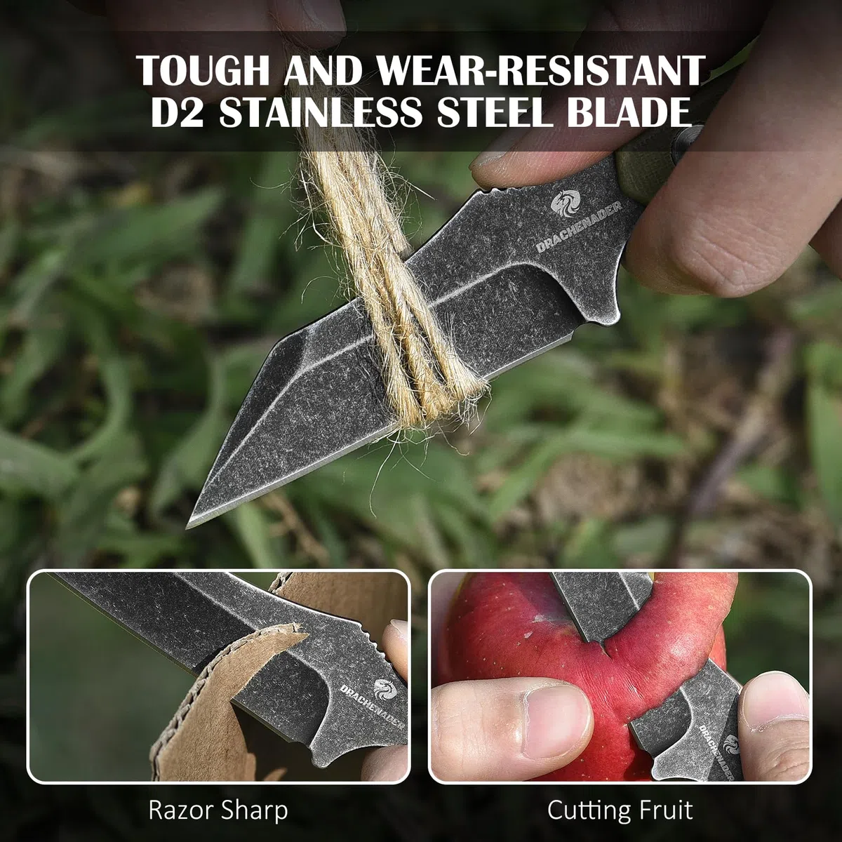 DRACHENADER Cuchillo de cuello funda Wharncliffe Small con acero D2, Full Tang Pequeño mini cuchillo de outdoor perfecto para senderismo y EDC