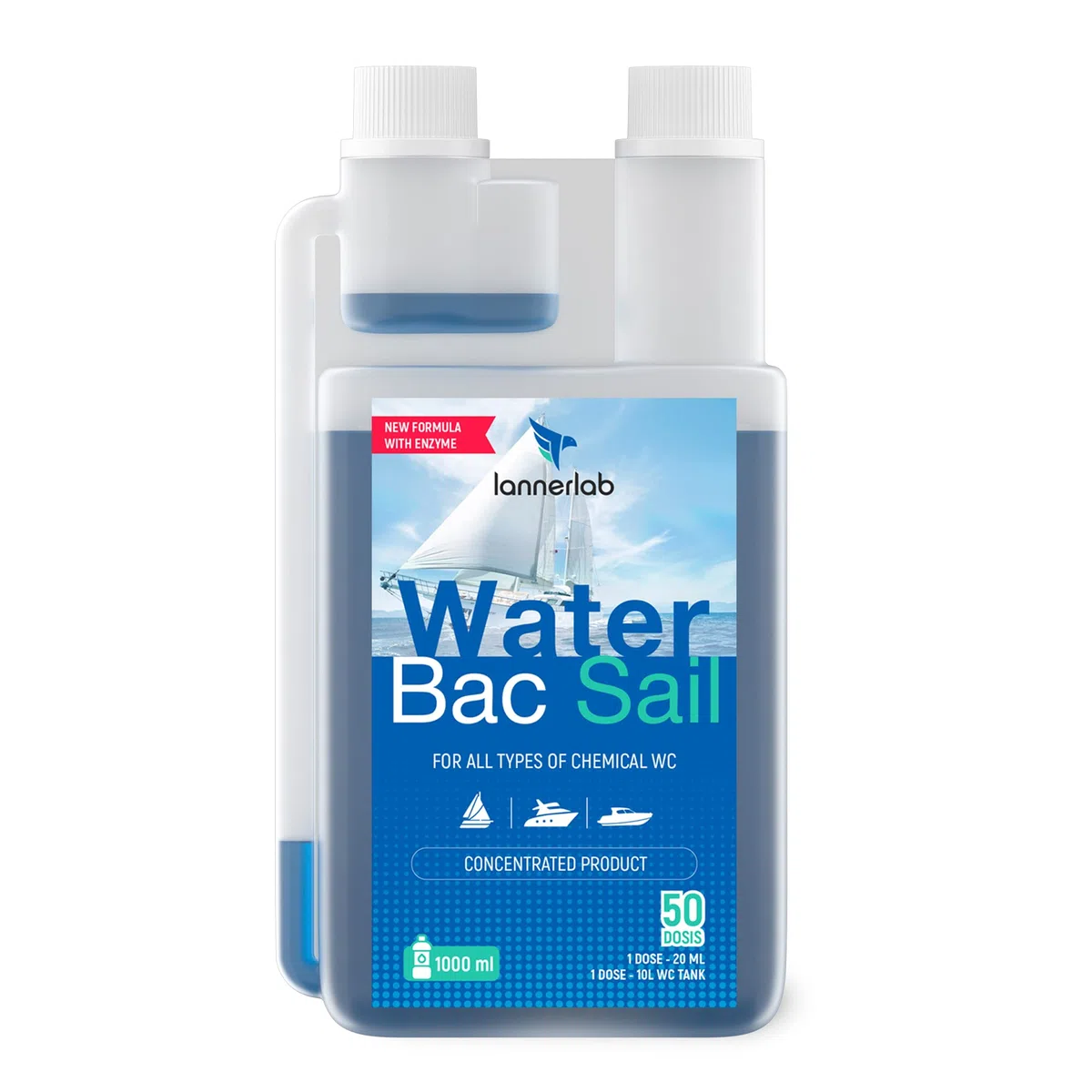 Eco Producto WaterBac Sail Liquido Enzimático 2 en 1 Concentrado para WC Químico Barco, 50 Dosis, Para Deposito Aguas Negras/Grises. (1L)