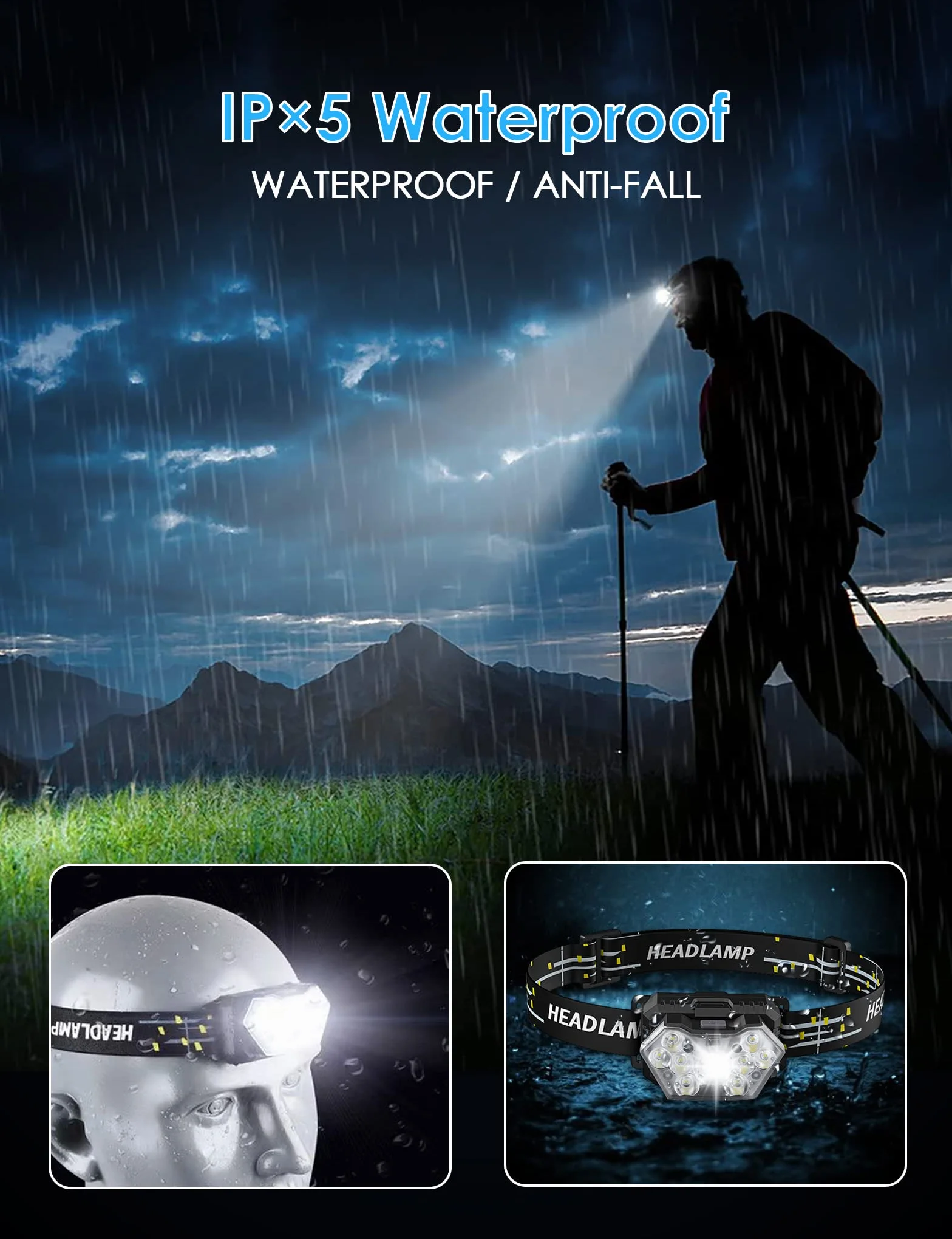 Linterna Frontal LED(2 Unidades/1 Unidad), 2000 Lúmenes Super Brillante Linterna Cabeza, 6 Modos de Iluminación, IPX5 Impermeable Luz Cabeza para Niños Adultos, Correr, Camping, Pesca