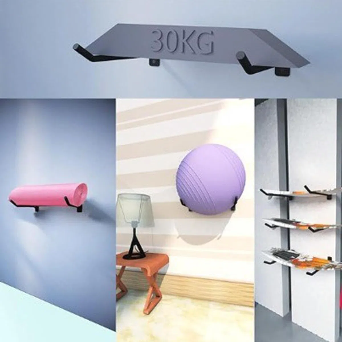 Soporte de pelota de ejercicios, montaje en la pared de la pelota de ejercicios,Juego de 2 soportes de bola de yoga negro - Accesorios para el gimnasio para el hogar de servicio pesado, organizador de