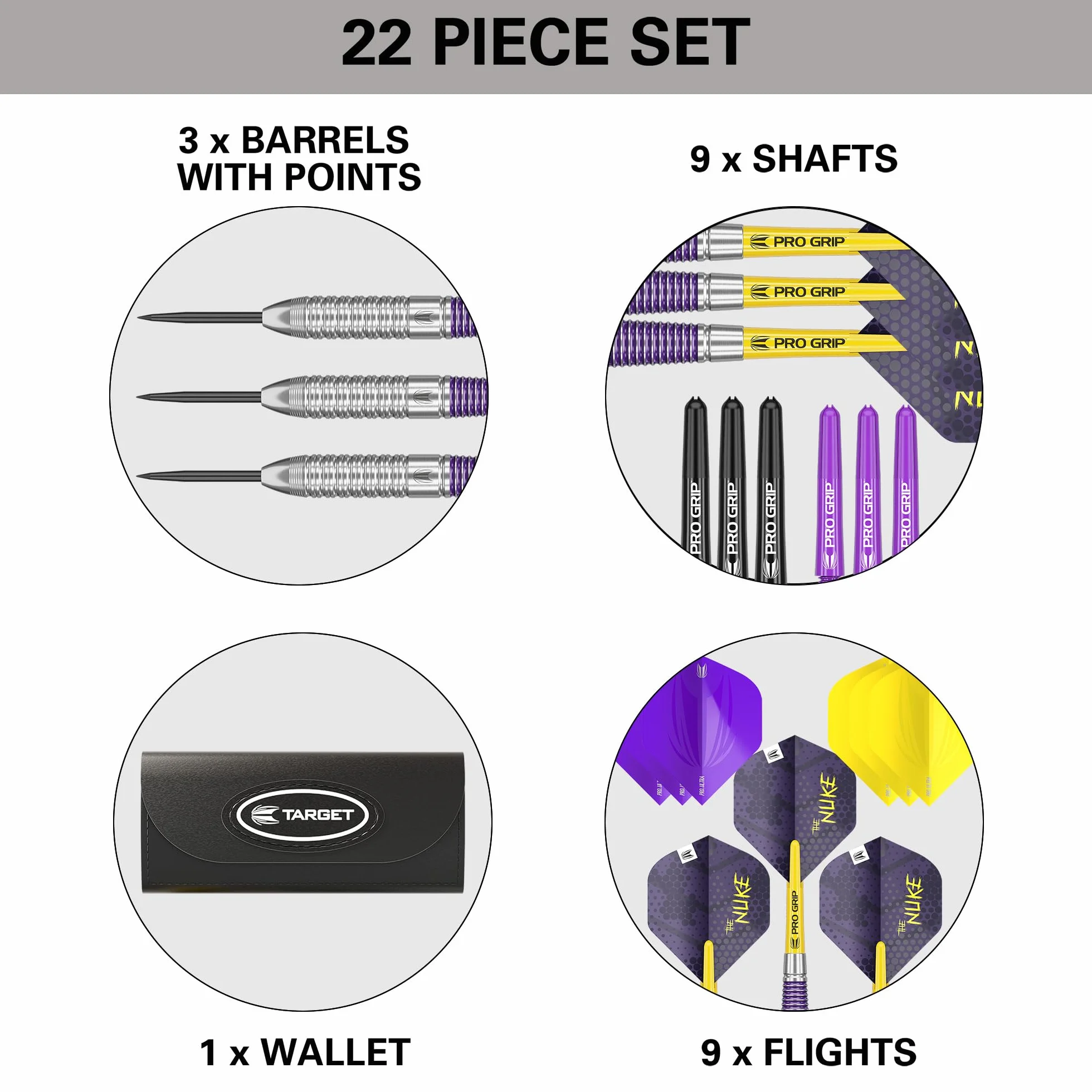 Target Darts Luke Littler Brass 22G Punta de Acero Dardos Set 22G, The Nuke Player Edición Dart Set, Dart Vuelos y Ejes | Option con Takoma Cartera Portaestuches con Zip Lock Pouches, Store Accesorios