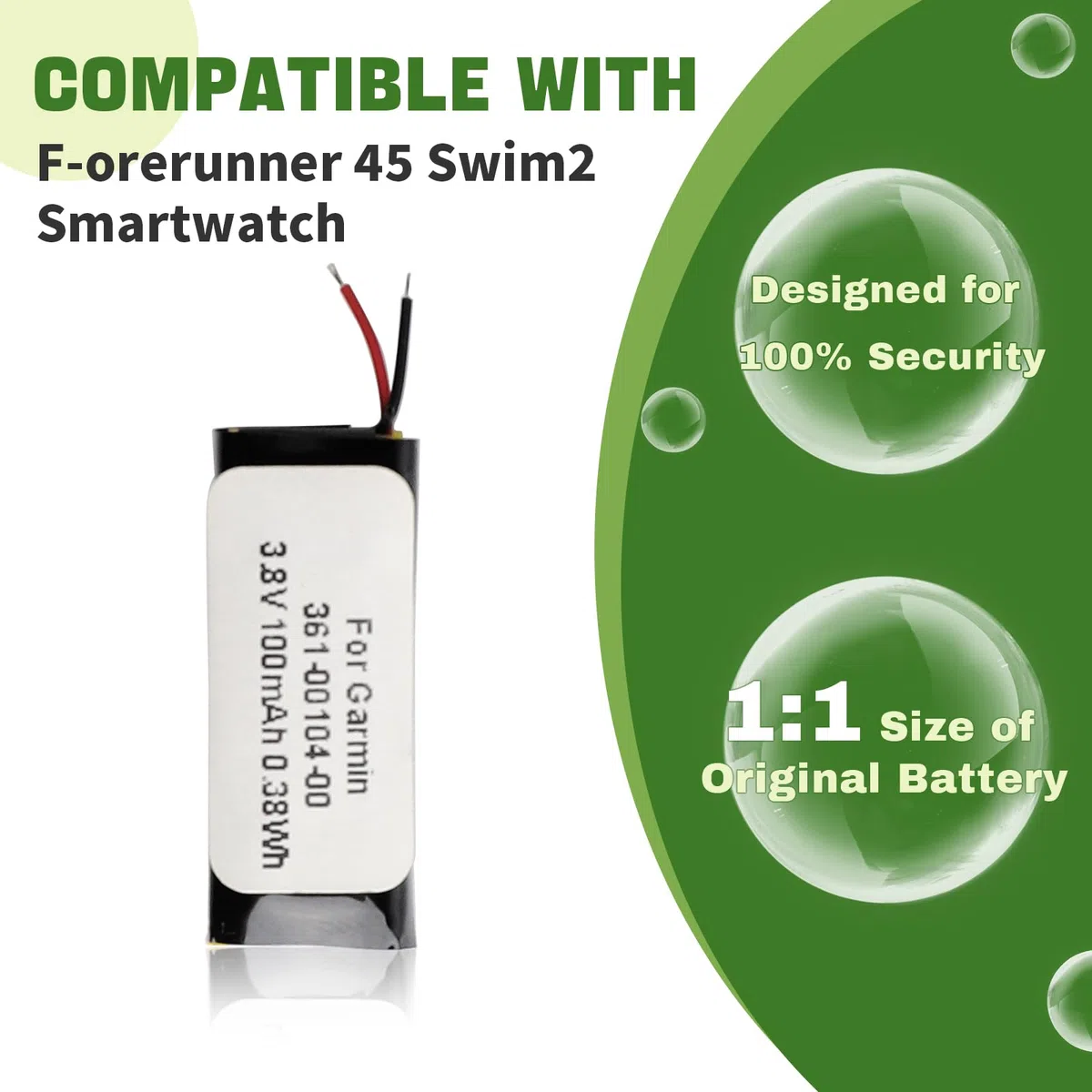 Batería de repuesto para reloj inteligente Gar-min Forerunner 45 Swim2, 100 mAh