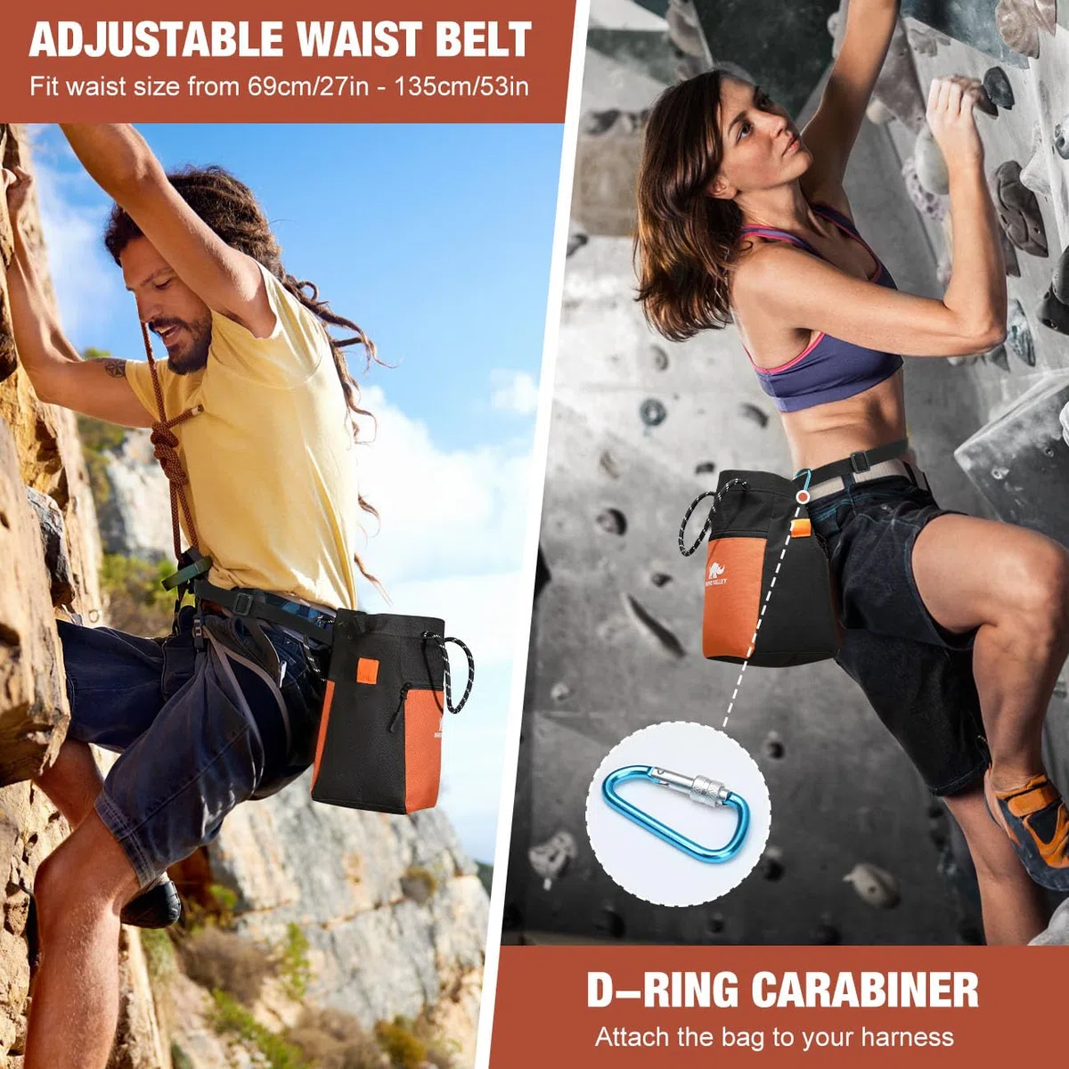 Rhino Valley Bolsa de Tiza para Escalada, Bolsa Magnética de Tiza para Escalada sin Fugas con Asa, con Cinturón Ajustable y Bolsillos con Cremallera para Levantamiento de Pesas