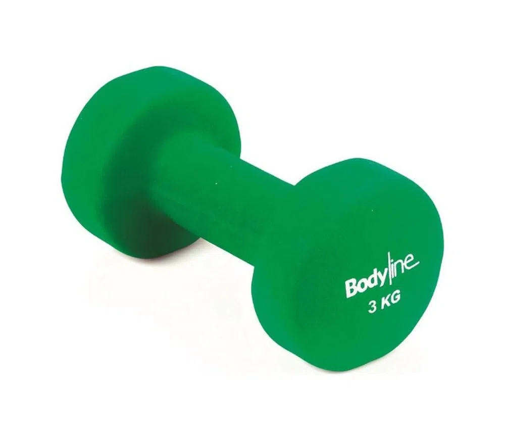 Mancuernas Bodyline de 1 kg a 5 kg, fabricadas en hierro fundido recubierto de neopreno, resistentes a los golpes y antideslizantes, ideales para el gimnasio y el entrenamiento en casa.