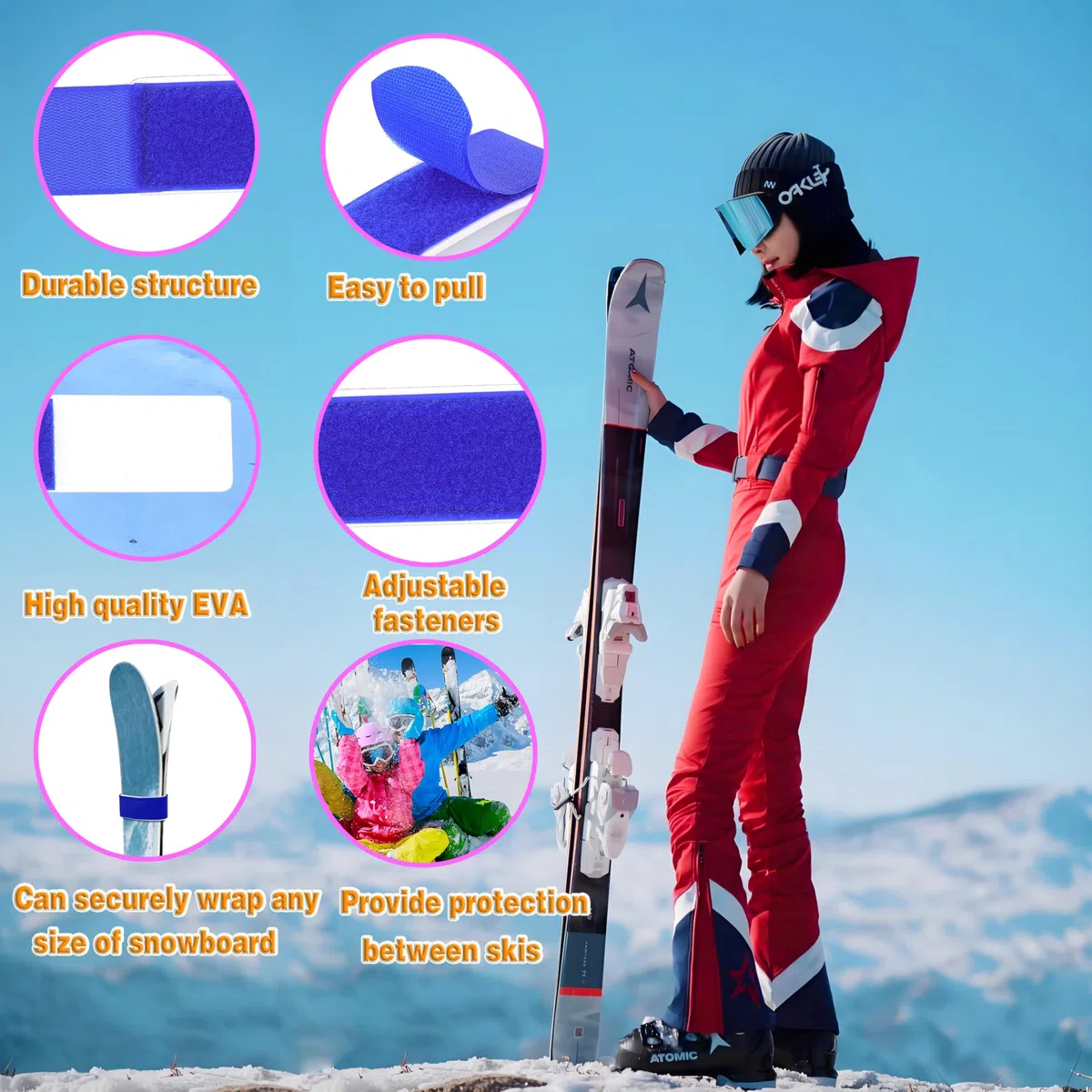 (Actualización) 10 x Correas Ajustables para esquís Correas de esquí EVA con diseño Protector para Transportar Equipo de esquí Invierno Navidad (Azul Rosa Naranja Amarillo Negro)