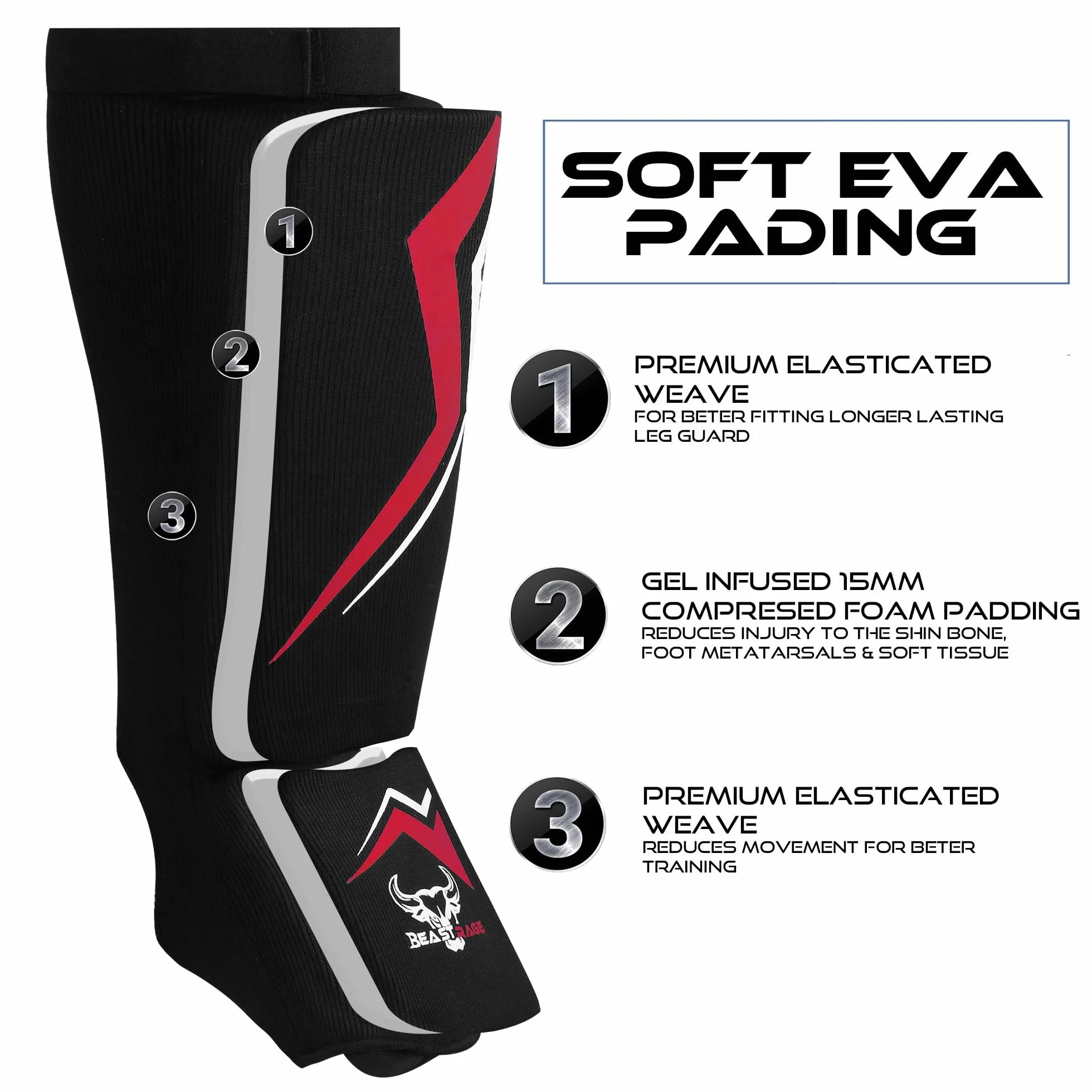 BEAST RAGE Espinilleras para kickboxing, almohadillas de protección de empeine para entrenamiento de Muay Thai, artes marciales, boxeo de artes marciales, protector acolchado elástico para piernas