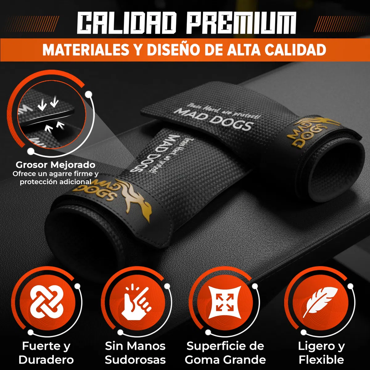 MAD DOGS Calleras Gimnasio Hombre Mujer – Pack Premium 3 en 1 con Muñequeras y Bolsa – Máximo Agarre sin Magnesio – Fibra de Carbono sin Agujeros – Crosstraining y Dominadas