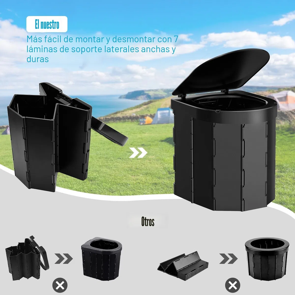 WADEO Inodoro Portátil para Camping, Capacidad de Carga hasta 200kg, Inodoro Plegable con Portarrollos de Papel y Bandeja para Teléfono, Ideal para Acampar, Senderismo, Viajar, Pescar