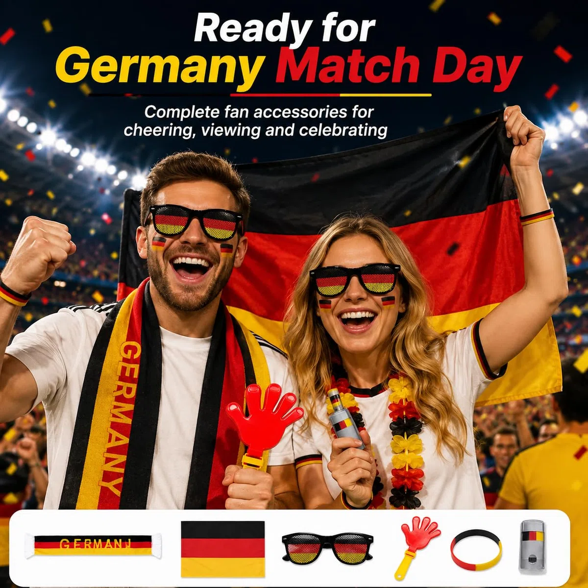 Juego de 6 piezas para fanáticos de Alemania, bufanda, gafas, bandera, chisme, pintura facial y pulsera – regalos típicos alemanes para aficionados al fútbol, accesorio perfecto para estadio, vista