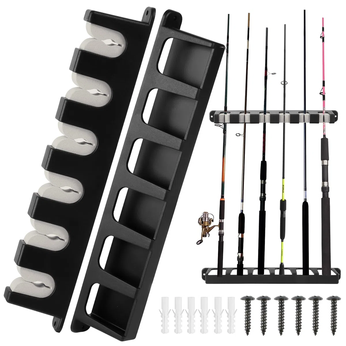 Soporte de Caña de Pescar Verticales para 6 cañas, Taco de Billar Soporte de Pared , ideal para cañas de pescar y otras barras diferentes para guardar para Sala de Garaje, Tienda de Barcos (A)
