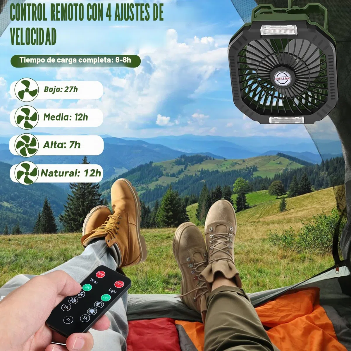 Ventilador Camping Recargable 7800mAh, Ventilador Portátil Batería USB, 4 Velocidades de Ventilación, 3 Modos de Temporizador, con Mando a Distancia, para Camping, Viajes, Playa, Familia