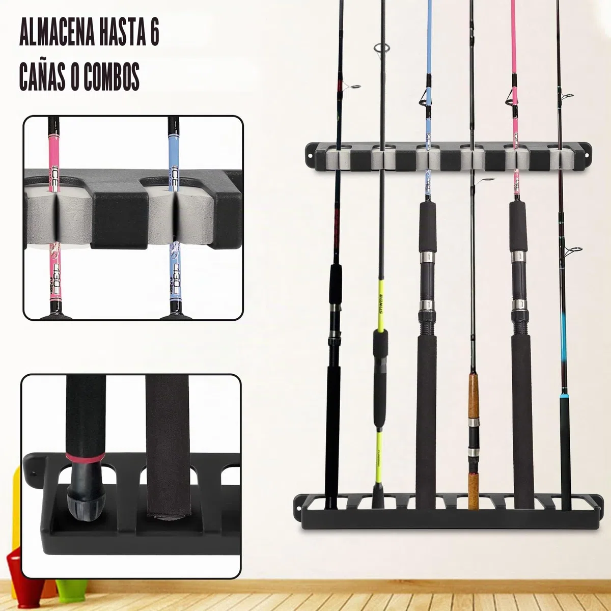 Soporte de Caña de Pescar Verticales para 6 cañas, Taco de Billar Soporte de Pared , ideal para cañas de pescar y otras barras diferentes para guardar para Sala de Garaje, Tienda de Barcos (A)