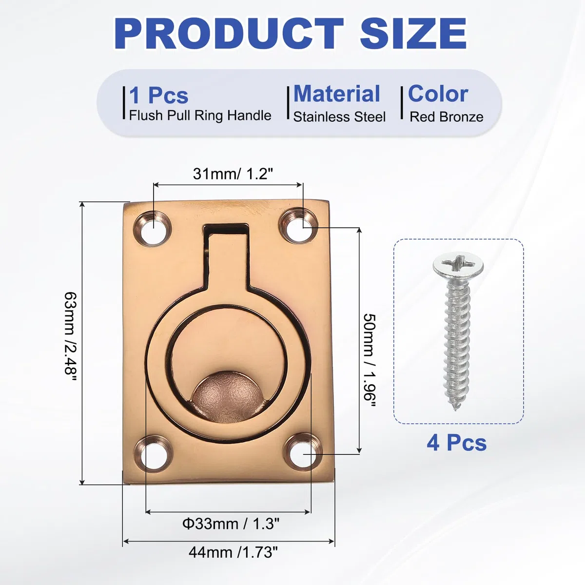 PATIKIL Tiradores De Anillo Empotrados De 2-1/2"-1-3/4", Acero Inoxidable 316 Cuadrado, Tirador De Puerta Empotrado, De Barcos Con Tornillos Para Muebles De Yate Marina, Bronce Rojo