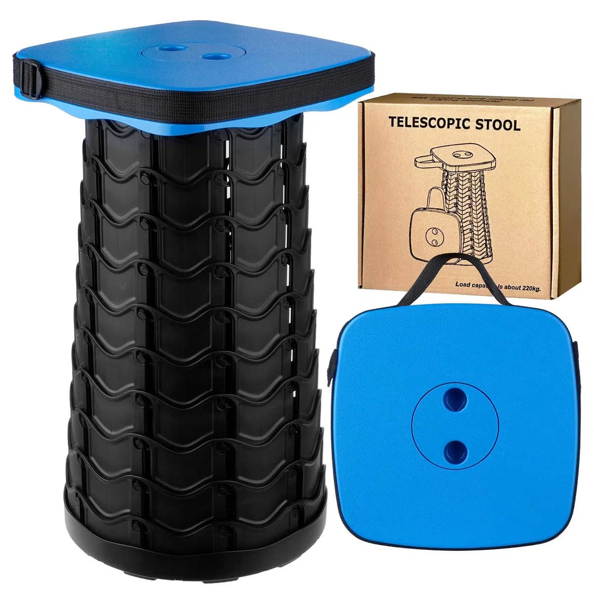 Taburete Plegable Portatil, Taburete Telescópico Azul, Taburete Retráctil, Silla Portatil Ligera para Viajes, Pesca, Senderismo y Camping, Carga Máxima 485LBS/220KG