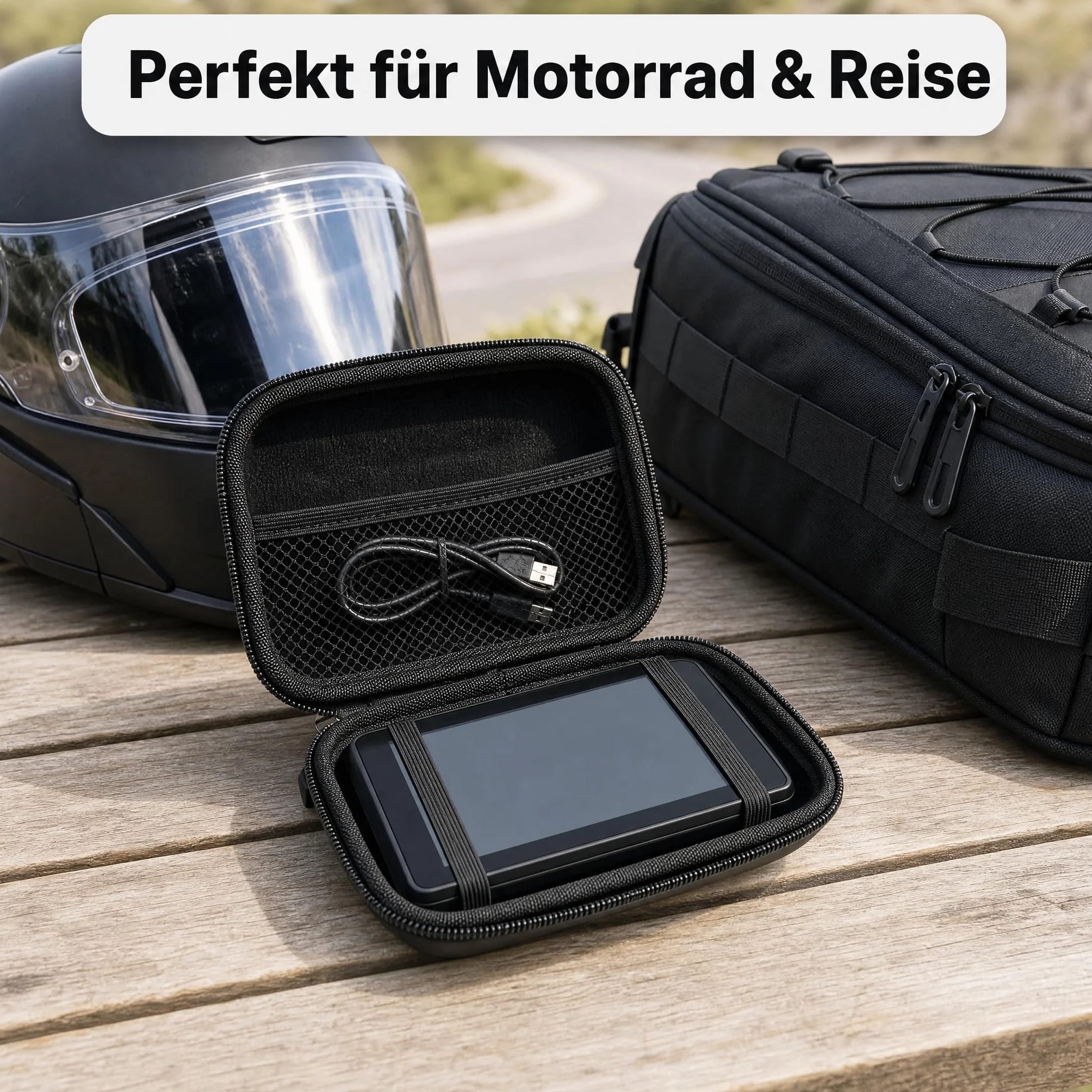 caseroxx Funda para navegador Garmin Zumo XT, carcasa rígida EVA con forro interior suave, fijación elástica y bolsillo de malla, protección antigolpes, cremallera bidireccional y mosquetón, aprox. 18