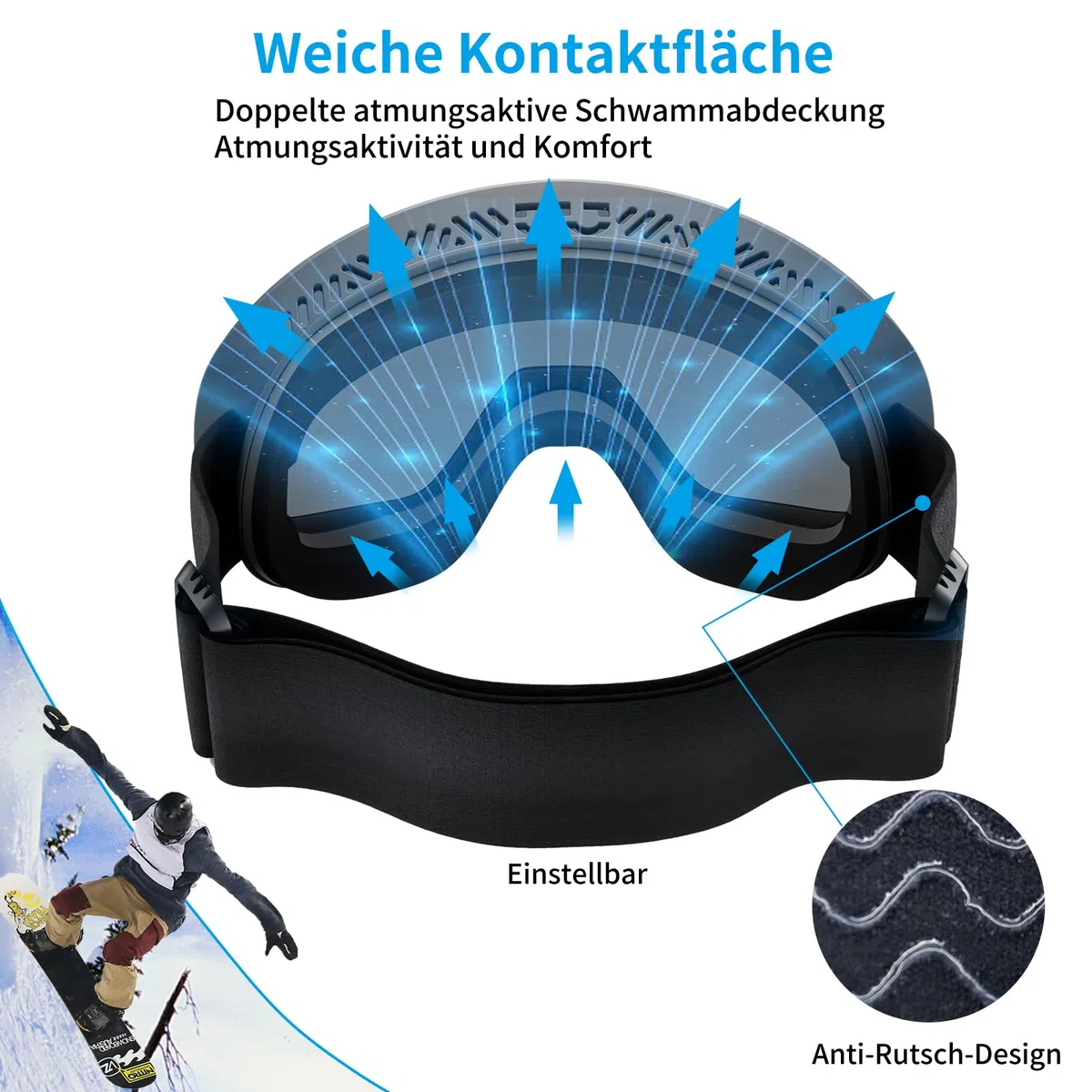 Gafas Esqui Mujer Hombre, Gafas de Esquí OTG Gafas Snowboard Compatible con Casco, Anti Niebla Protección UV Gafas Ski para Esquí, Ciclismo, Snowboard-Azul Claro