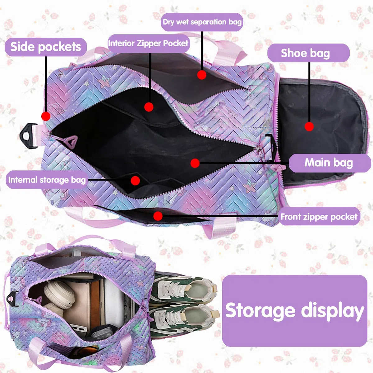 YOUYIKE Bolsa de Viaje Chica, 25 L Bolsa Deporte Niña Unicornio, Grande Travel Bag Fin de Semana, Bolsa de Natación para Playa, Bolsa Deporte con Compartimento Zapatos y Bolsillo Húmedo, Morado