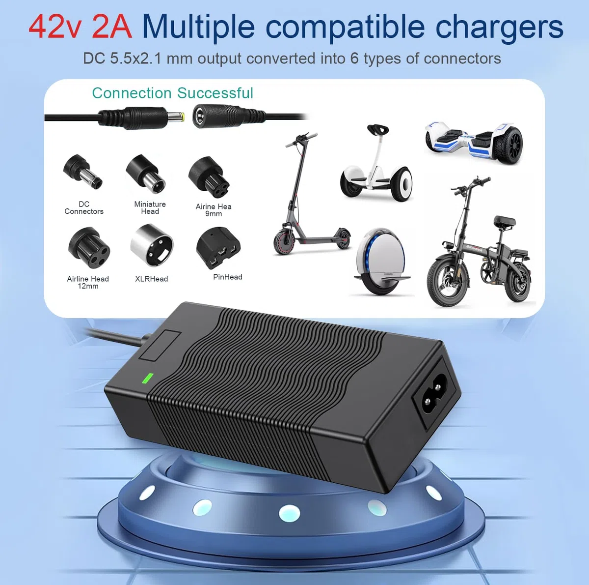 Cargador para Patinete Eléctrico 42V 2A (con 6 Conectores), Compatible con Hoverboard, Ninebot, Xiaomi, Bicicleta Eléctrica, Adaptador de Alimentación para Batería de Litio 36V