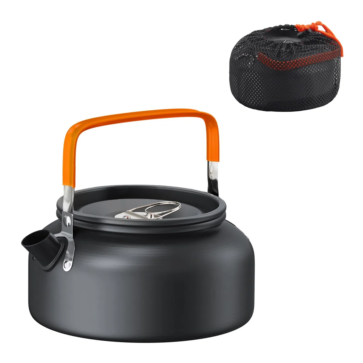 FUNYKICH 1.2 L Hervidor de Camping con Bolsa de Transporte, Tetera/Cafetera Portátil de Aluminio, Estufa de Calentamiento Rápido para Fuego Abierto, Mango Aislante, para Camping Picnic Senderismo