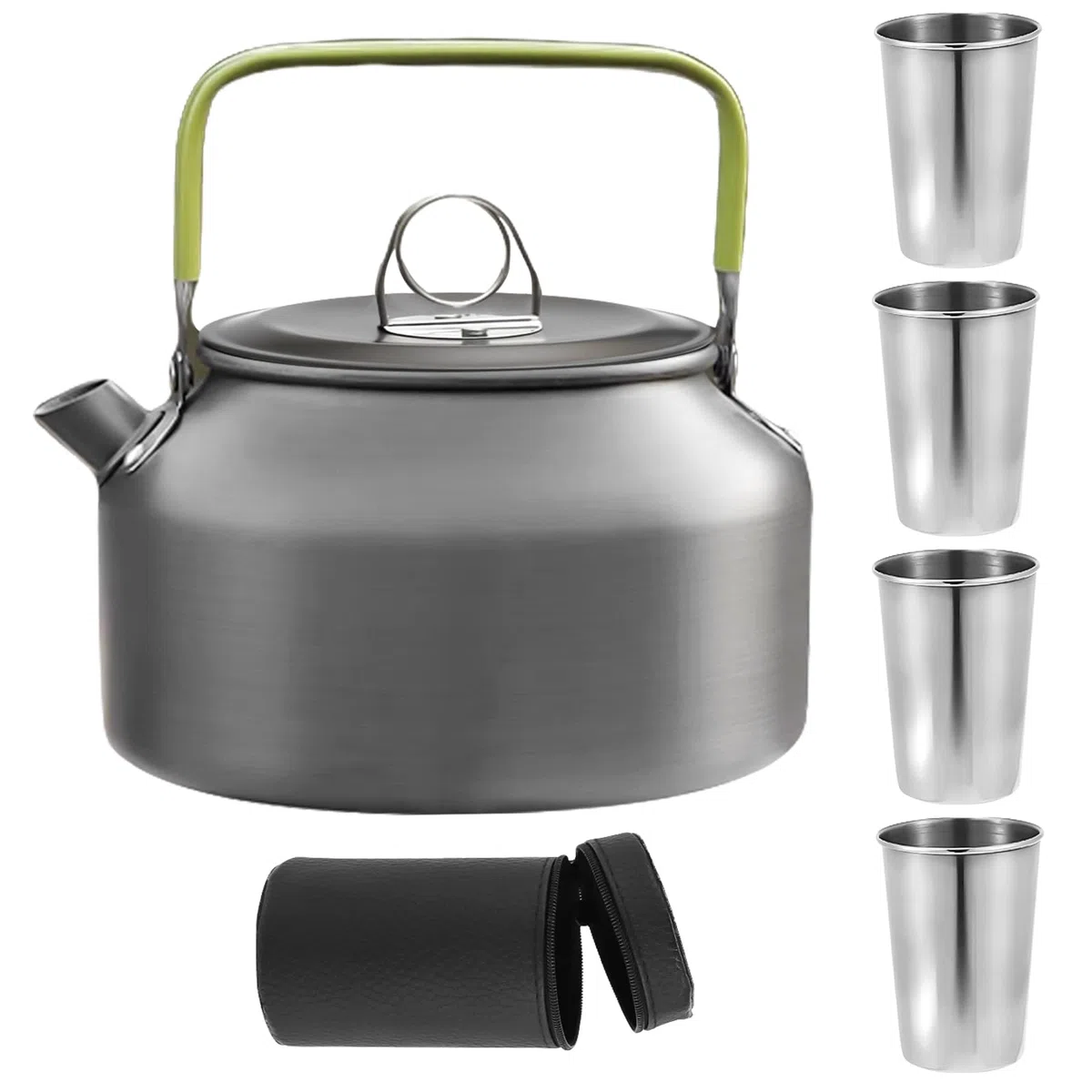 GOMETY Hervidor de agua para camping, 2-3 personas, cafetera y hervidor de agua, set de vajilla para exteriores, tetera de 0,8 l con 4 vasos de acero inoxidable, fácil de plegar, duradera de aluminio,
