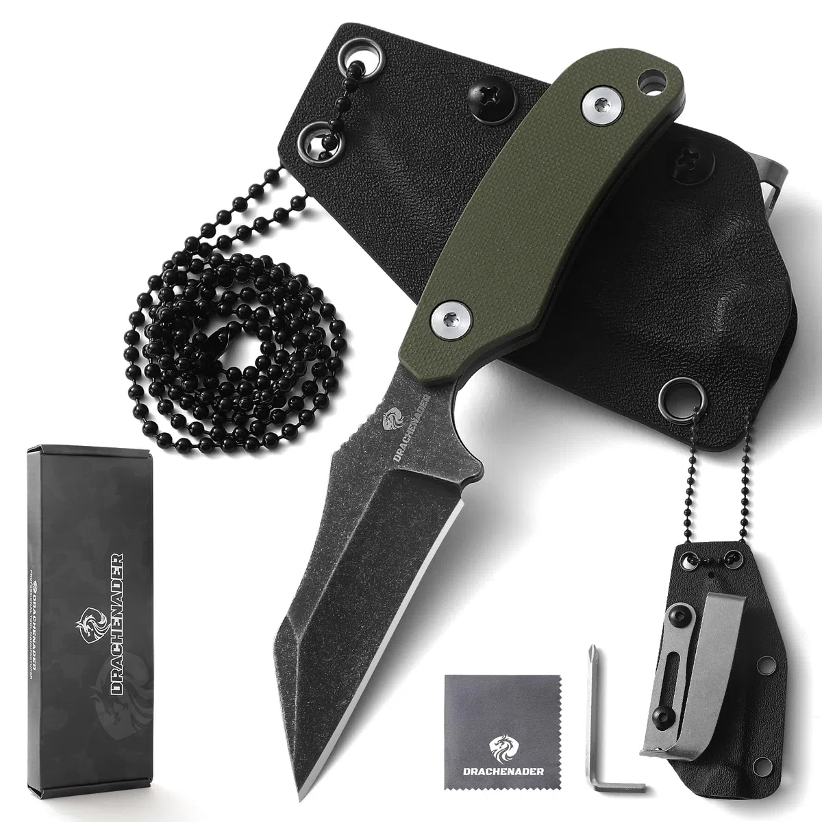 DRACHENADER Cuchillo de cuello funda Wharncliffe Small con acero D2, Full Tang Pequeño mini cuchillo de outdoor perfecto para senderismo y EDC