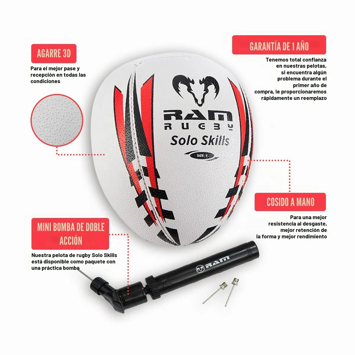 Ram Rugby Solo Skills Rugby Ball (Available in Size 5, 4 & 3) – Practice Rugby Passing & Handling Technique with This Innovative Rebounder Half Rugby Ball. Ideal for Solo Practice Against a Wall.