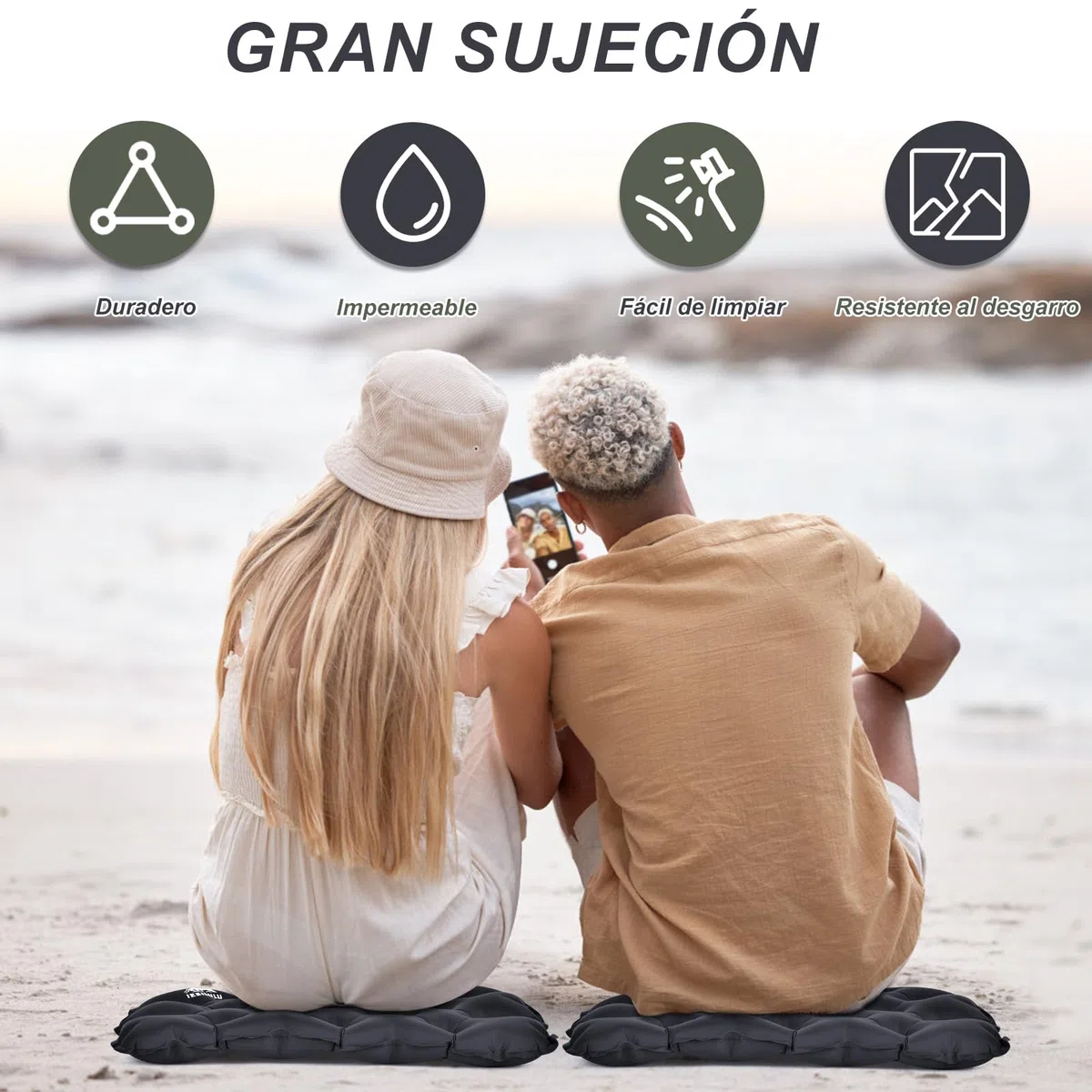 IEEILULU Cojín de Asiento Inflable, Asiento de Cojín Inflable, Cojín de Viaje Hinchable con Bolsa de Almacenamiento para Camping, al Aire Libre, Playa, Ideal para Vacaciones y Viajes (Gris)