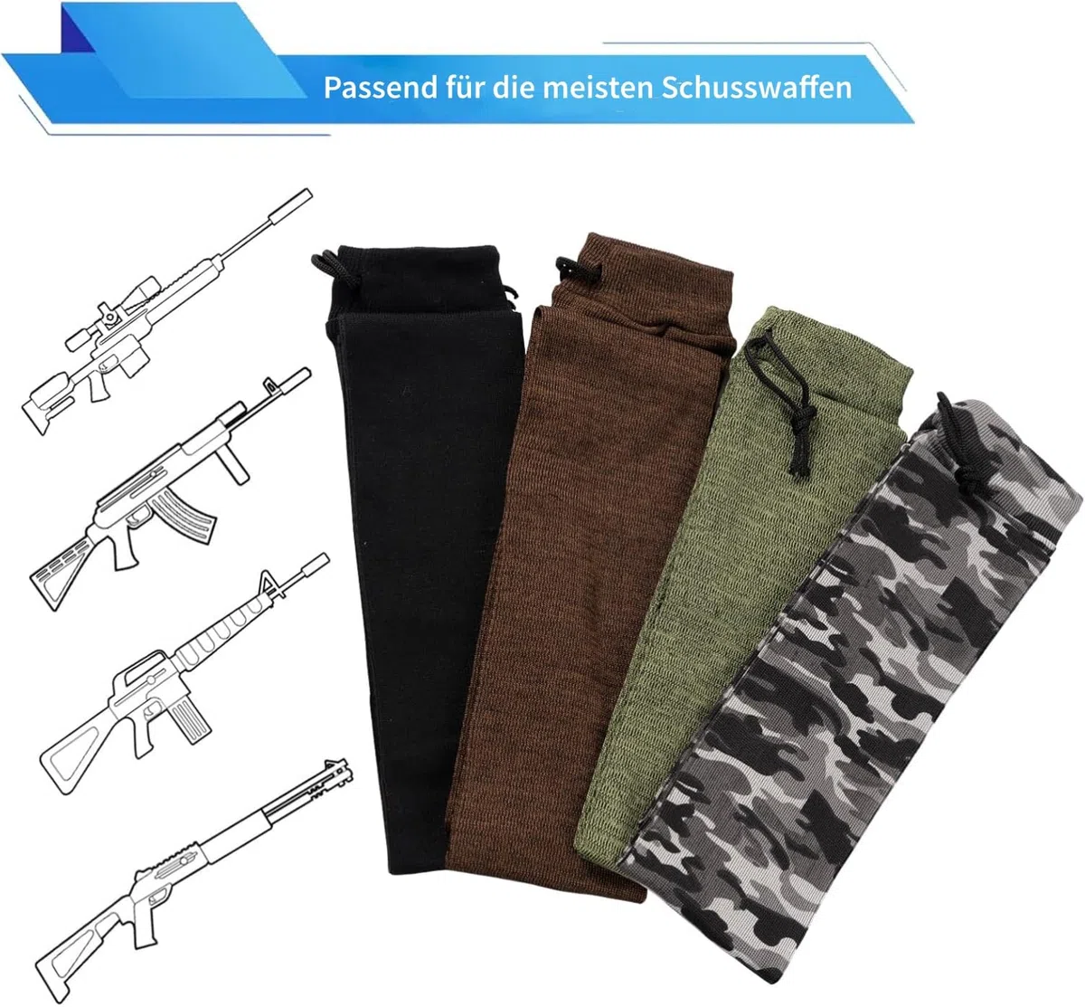 Calcetines de 4 Piezas Para Rifles y Escopetas | 132 cm x 15 cm - Diseño Elástico y Cierre de Cordón Para Cazar | A Prueba de Polvo