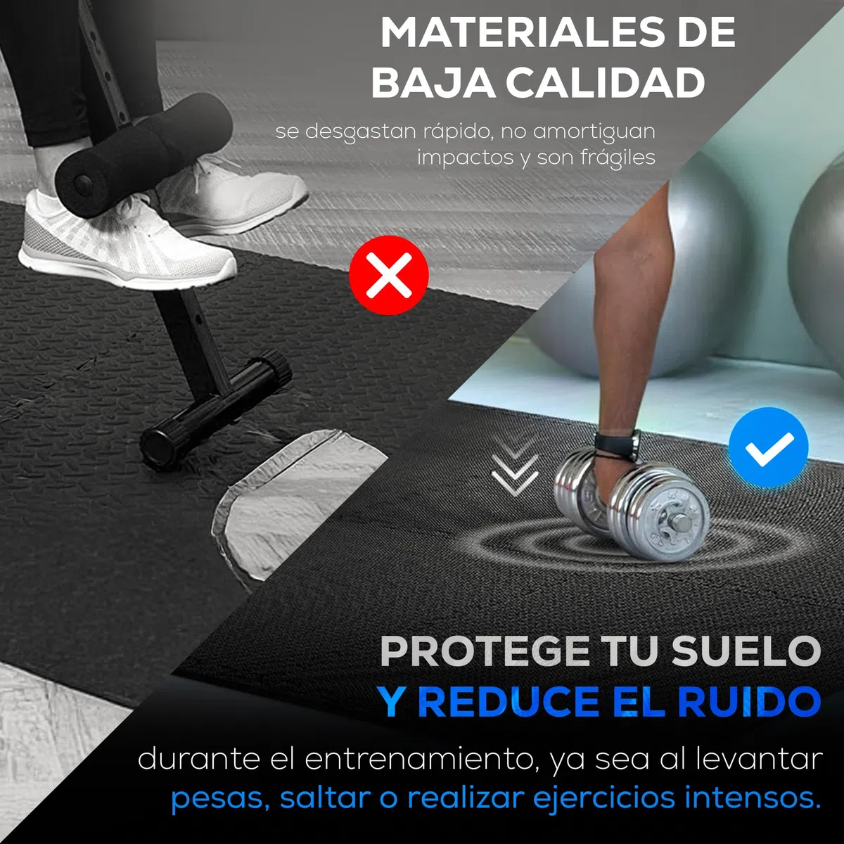 Set de suelo gimnasio + 5 gomas elasticas musculacion - Alfombra tatami antideslizante para gimnasio en casa, Esterilla Fitness para apoyo de banco musculación, pesas y mancuernas en tu gym