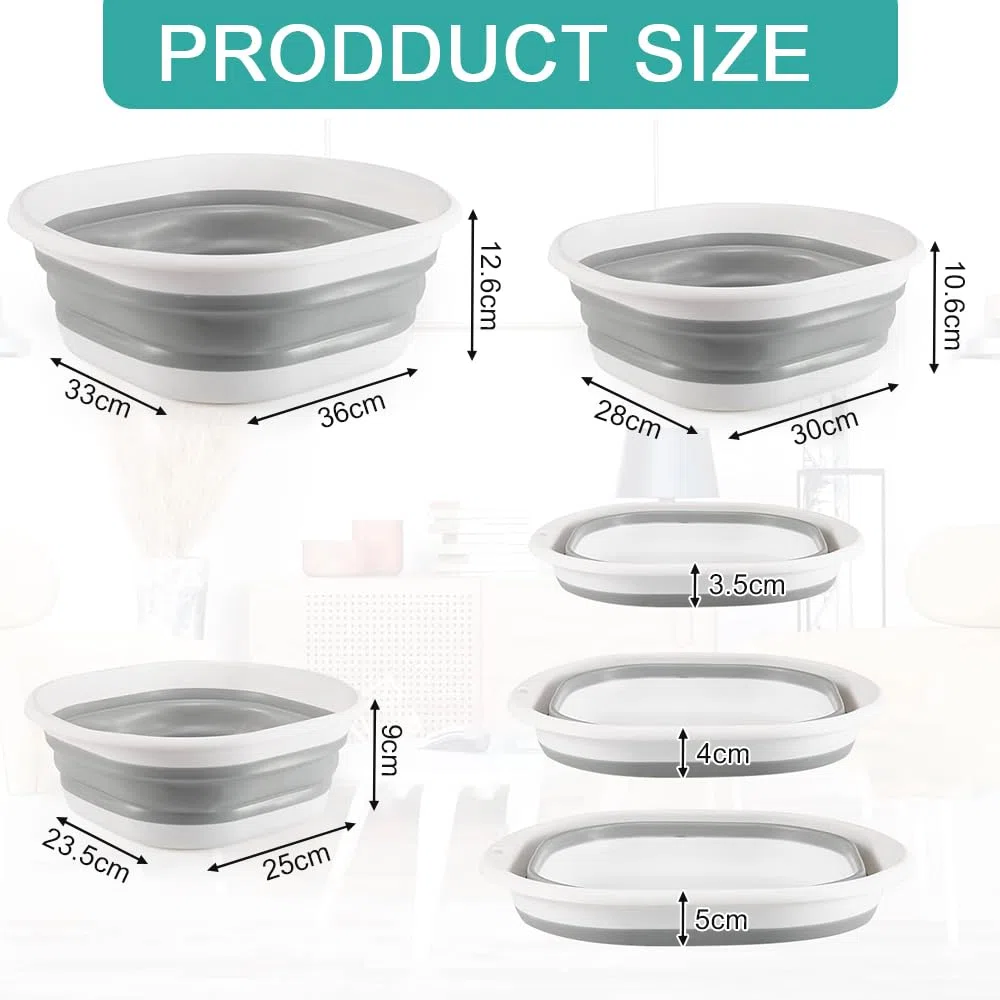 3 Lavabos Plegables, Fregadero Portátil para Camping, Cocina y Hogar, Barreño Plegable de Plástico en 3 Tamaños, Palangana Plegable que Ahorra Espacio, Cubo Lavamanos Multiusos-Gris y Blanco