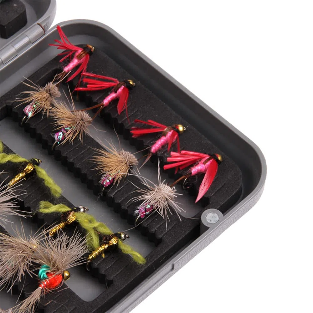 Kit de 40 Moscas de Pesca Con Caja - Secas, Húmedas, Ninfas y Serpentinas Para Lubina, Salmón y Trucha