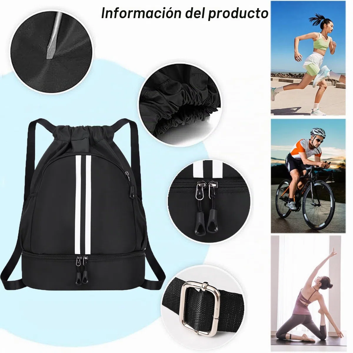Mochila de Cuerdas Impermeable Ajustable con Cremallera para Deporte - Bolsa Grande de Gimnasio con Compartimento para Zapatos, Natacion, Fitness - para Mujer y Hombre (Negro)