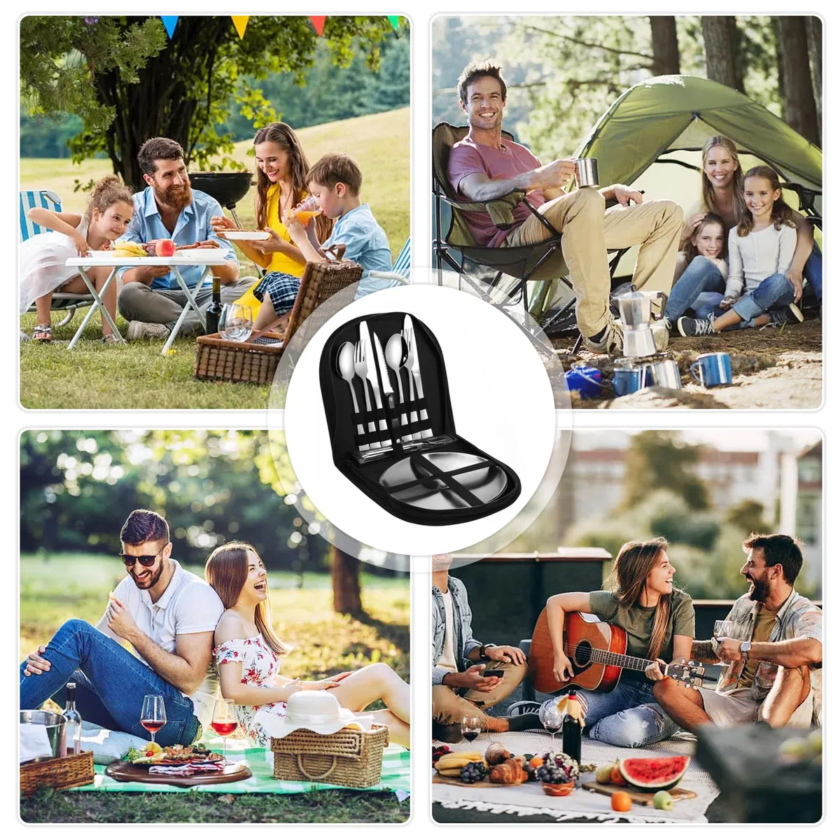 Vajilla de camping para 2 personas, juego de 12 piezas con tenedores de acero inoxidable, cubiertos de camping portátiles de acero inoxidable, para camping, pícnic, viajes