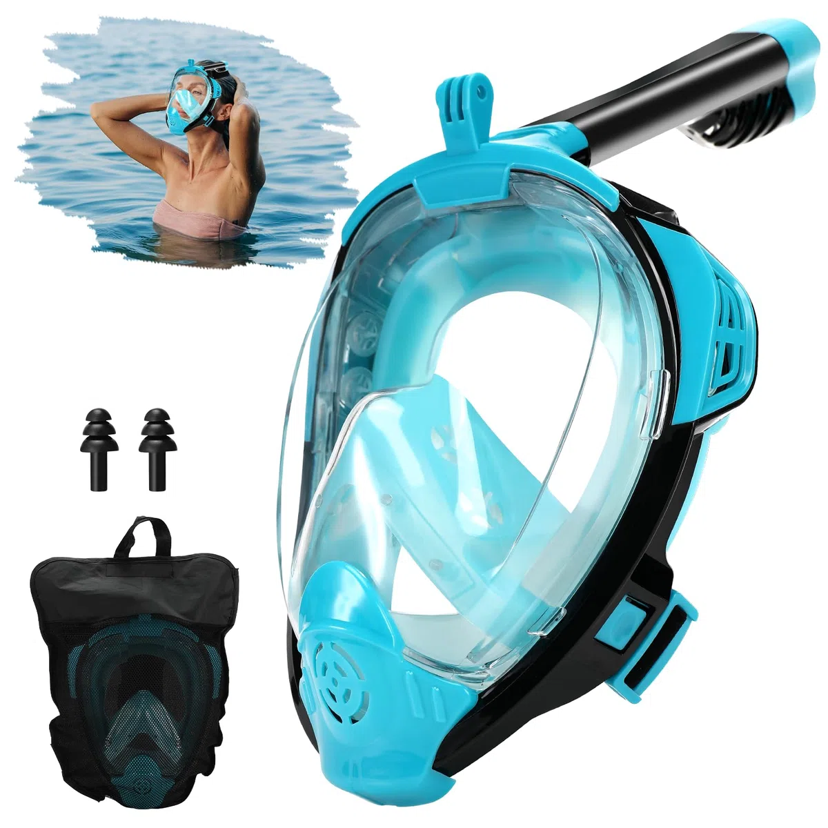 Auauraintt Máscara de Buceo, Máscara de Buceo para Adultos, Vista panorámica de 180° con posición de cámara, Equipo de Snorkel antivaho HD, para Adolescentes y Adultos