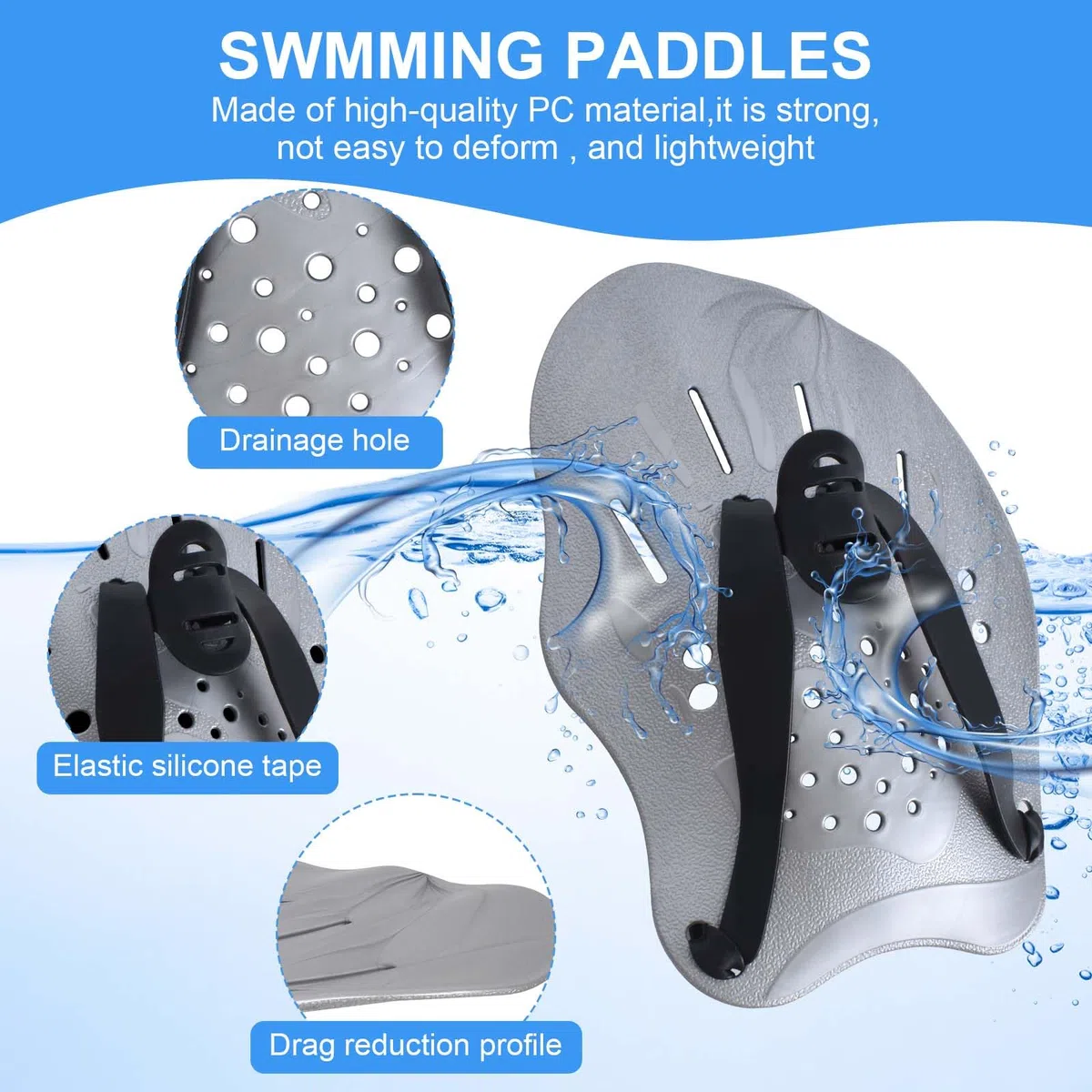 Paletas de Natación, Palas Natacion Piscina Adulto, Pades de Mano Grises con Correas Ajustables, Accesorios para Natación, Equipo de Entrenamiento de Natación