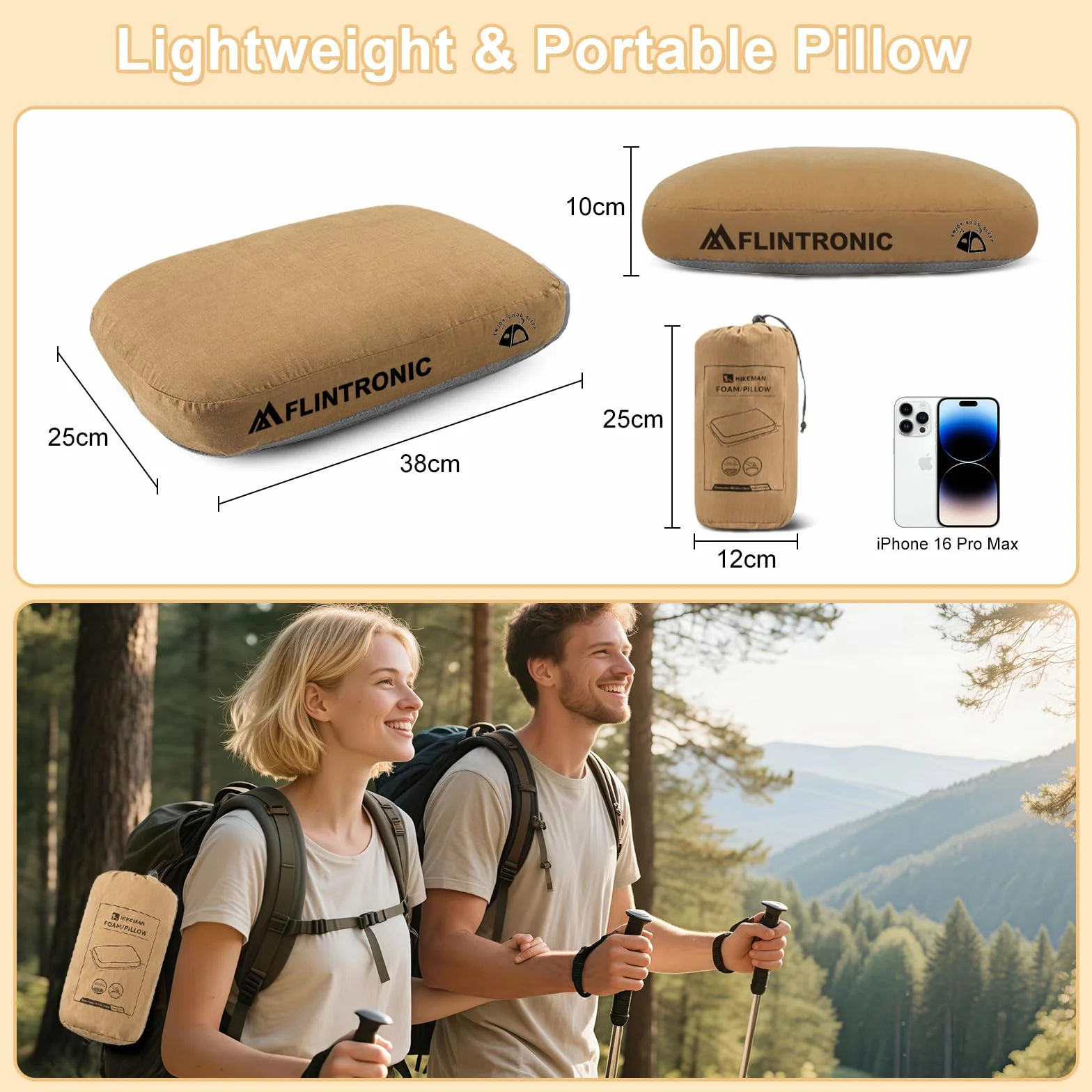 flintronic Almohada De Espuma Viscoelástica para Camping, Almohadas De Espuma Viscoelástica de Rebote Lento, Almohada de Viaje Portátiles, para Camping, Coche, Playa, Oficina (Marrón)