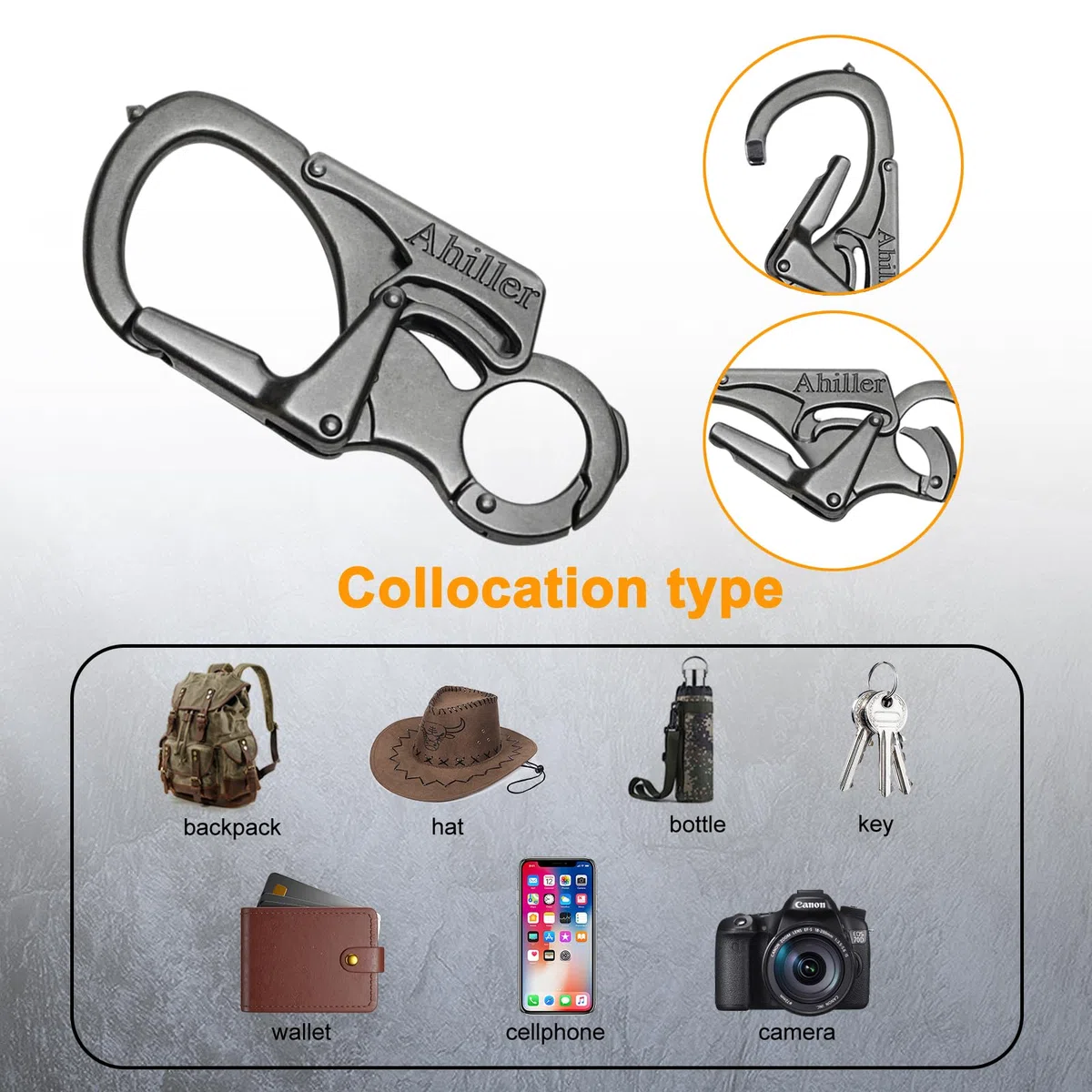 Ahiller 3" Mosquetón Llavero Compacto, Aleación Robusta con Doble Seguro - Púa de Acero de Tungsteno - Accesorio Multiusos para Senderismo, Camping, Pesca y Supervivencia