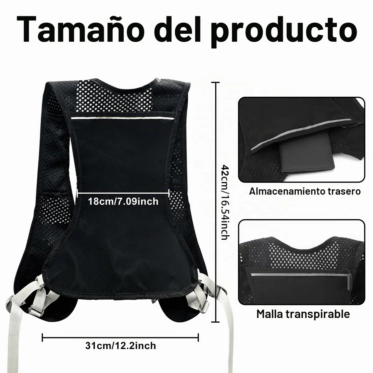 Chaleco de Correr Unisex Mochila Hidratación Reflectante 2 x 500 ML, Correas Pecho Ajustables, Botellas Blandas, Negro, Cremallera Delantera/Trasera para Ciclismo Senderismo Carrera Outdoor