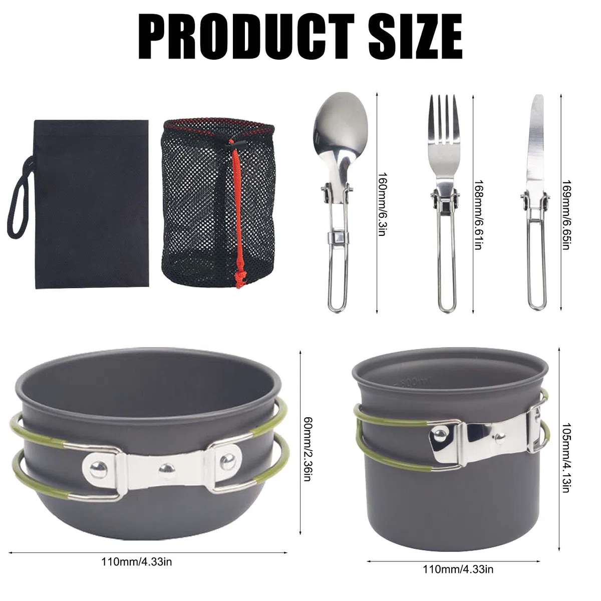 Juego de utensilios de cocina para camping para 1-2 personas, vajilla de aluminio portátil, cacerola con cubiertos plegables, cubiertos para exteriores