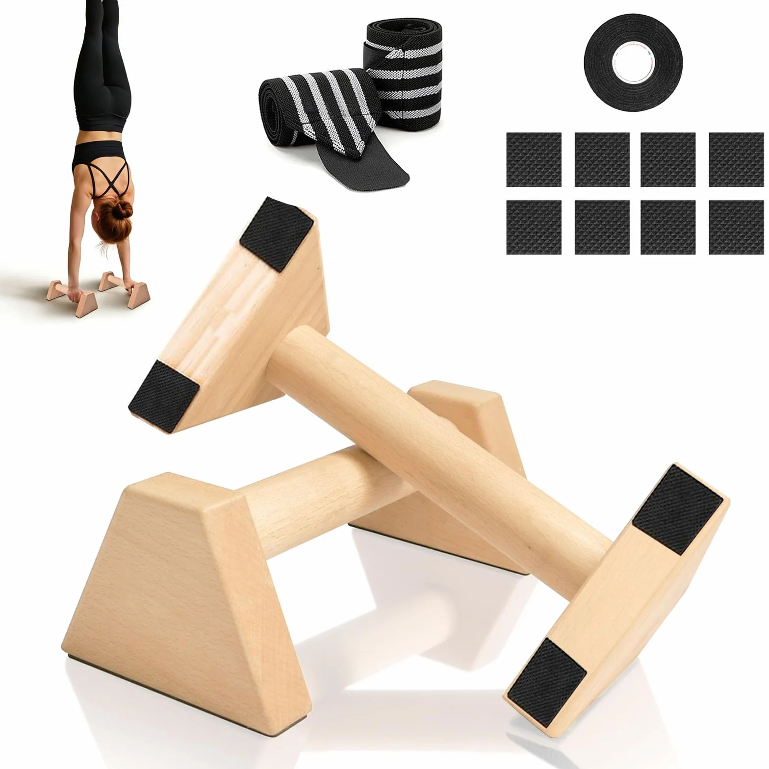 Barras Paralelas de Madera, 2 Piezas Paralelas Calistenia, Push Up de Madera Paralelos, Barra de Flexiones Maciza, con 1 Rollos de Cinta Adhesiva y 1 Par de Muñequeras, para Fitness