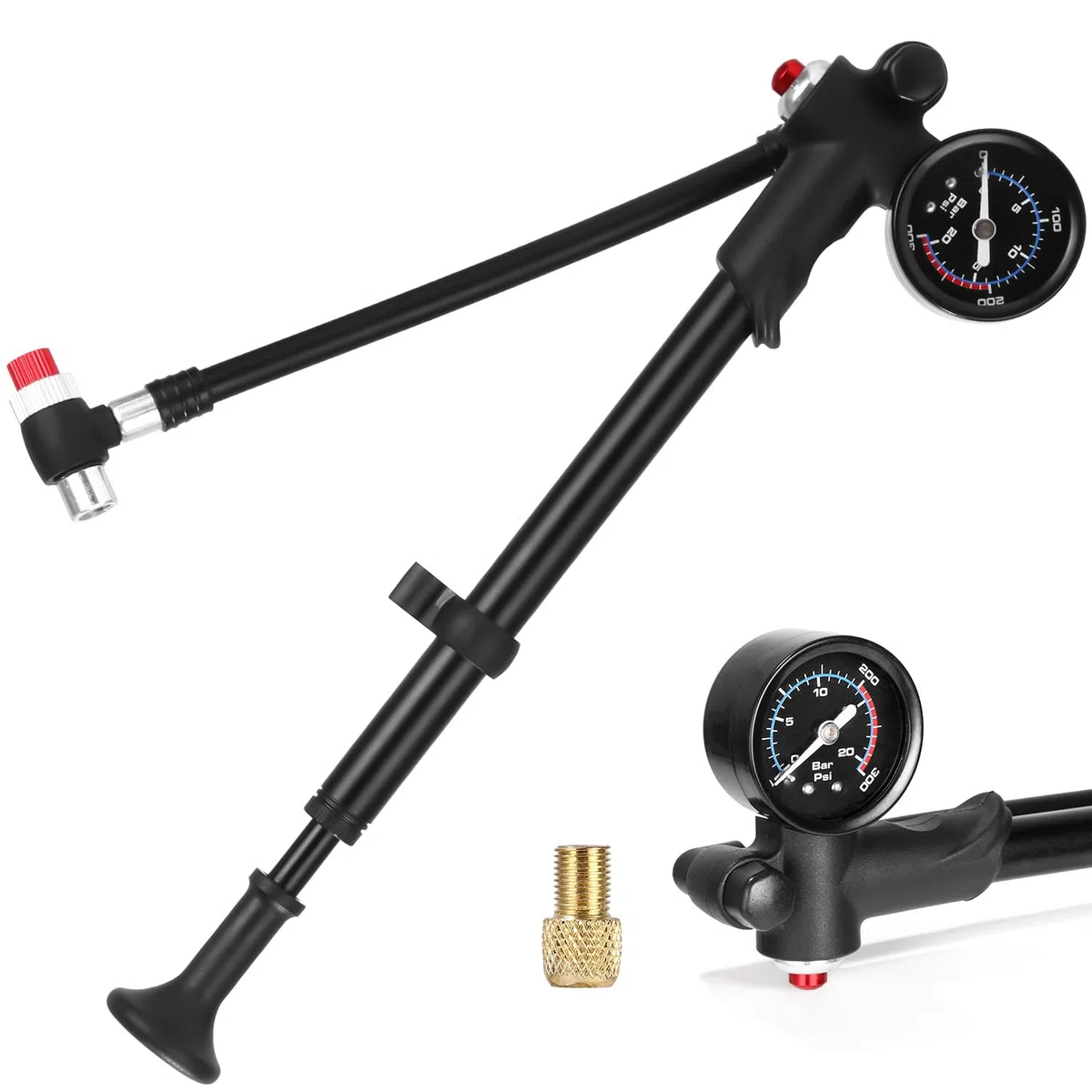 Bomba de Choque de Alta presión(MAX 300 PSI), Bomba de Bicicleta con manómetro y botón de Purga, Horquilla/suspensión Trasera 2 en 1 y Bomba de neumáticos para Bicicleta MTB, Bicicleta de Carretera