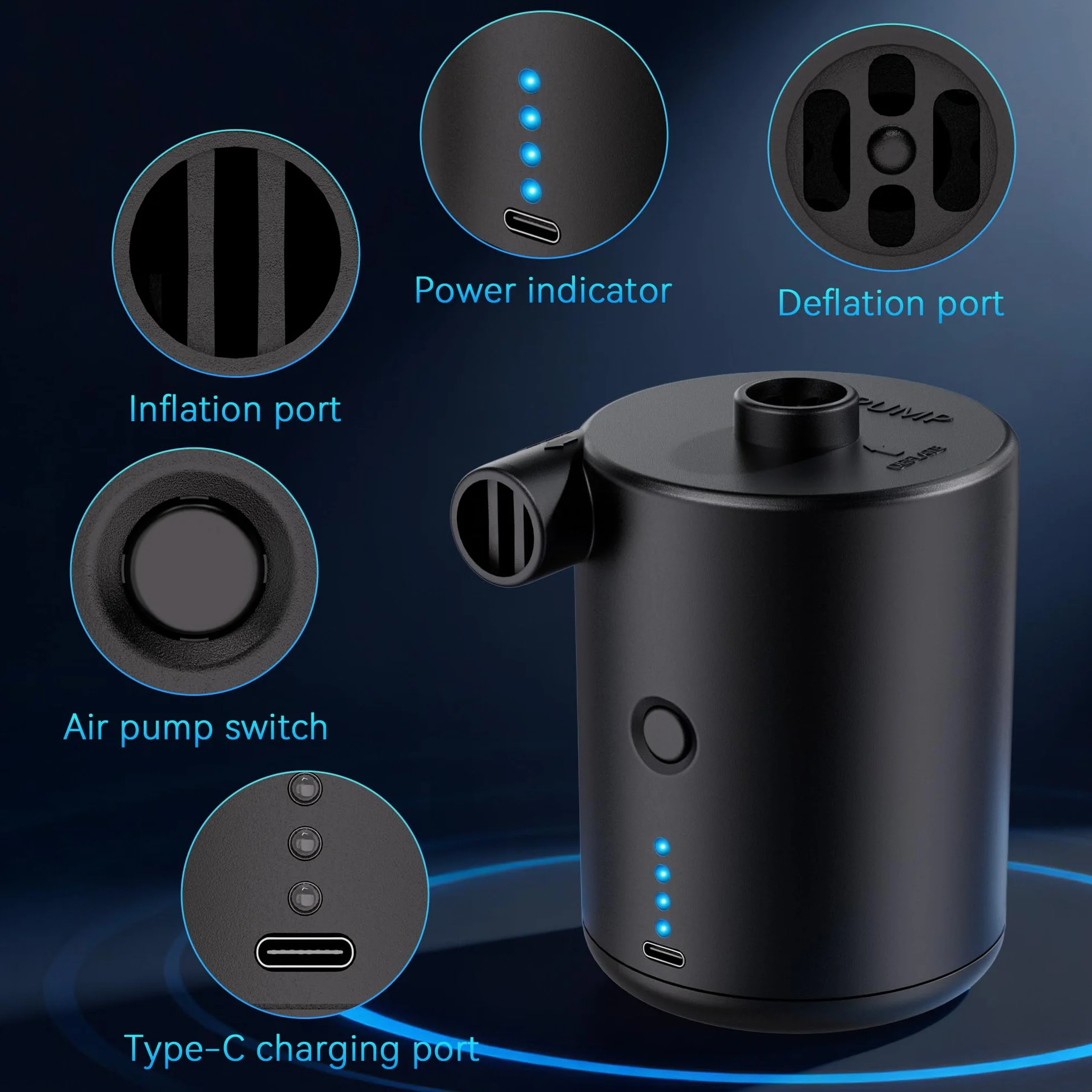 Bomba de Aire eléctrica,Inflador Colchon Hinchable,4000mAh Mini Bomba de vacío portátil con 3 Boquillas,Inflado/Desinflado Rápido, Bomba de Aire Portatil para Piscinas y Colchones de Cama