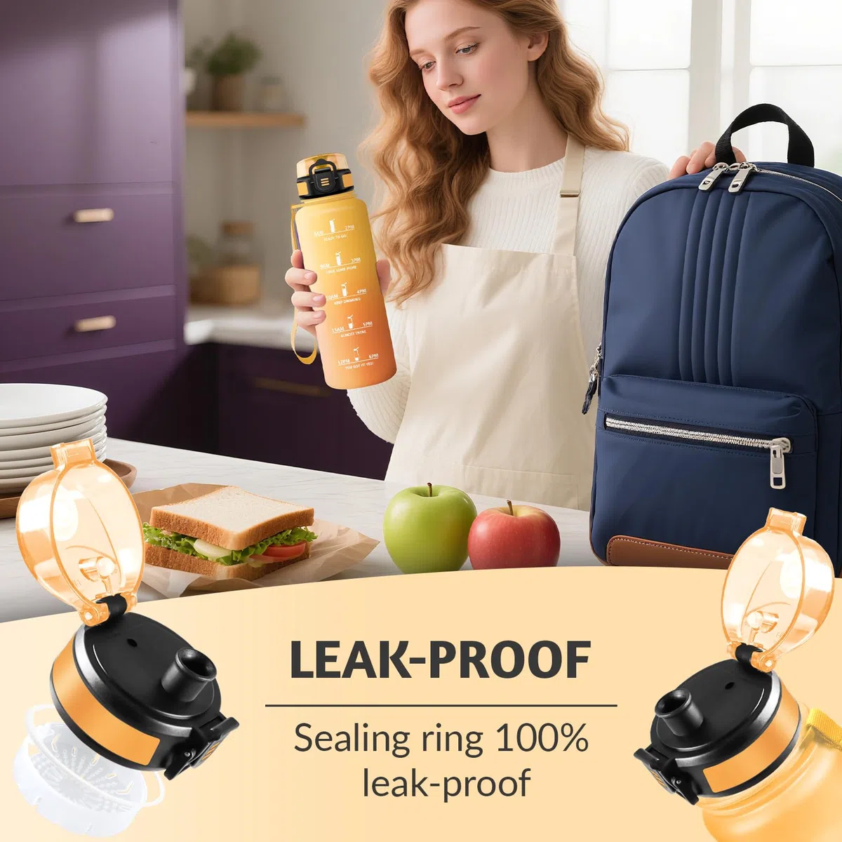 HoneyHolly Botella Agua, 1,5L, Motivacional y A Prueba de Fugas, Cantimplora, Libre de BPA, Botella Agua Gimnasio, Marcador de Tiempo, Water Bottle para Gimnasio, Trabajo, Camping, Senderismo