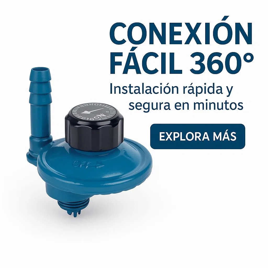Regulador de camping Gas, para botella azul de Camping Gas Butano de 29 mbar, Conexión M16x1.5, Boquilla 10mm, Caudal 0.6 Kg/h - La boquilla de salida es orientable, se puede girar 360º