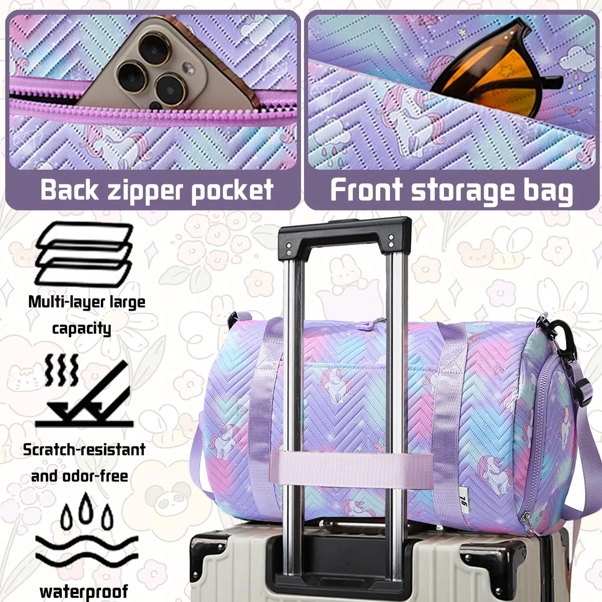 YOUYIKE Bolsa de Viaje Chica, 25 L Bolsa Deporte Niña Unicornio, Grande Travel Bag Fin de Semana, Bolsa de Natación para Playa, Bolsa Deporte con Compartimento Zapatos y Bolsillo Húmedo, Morado