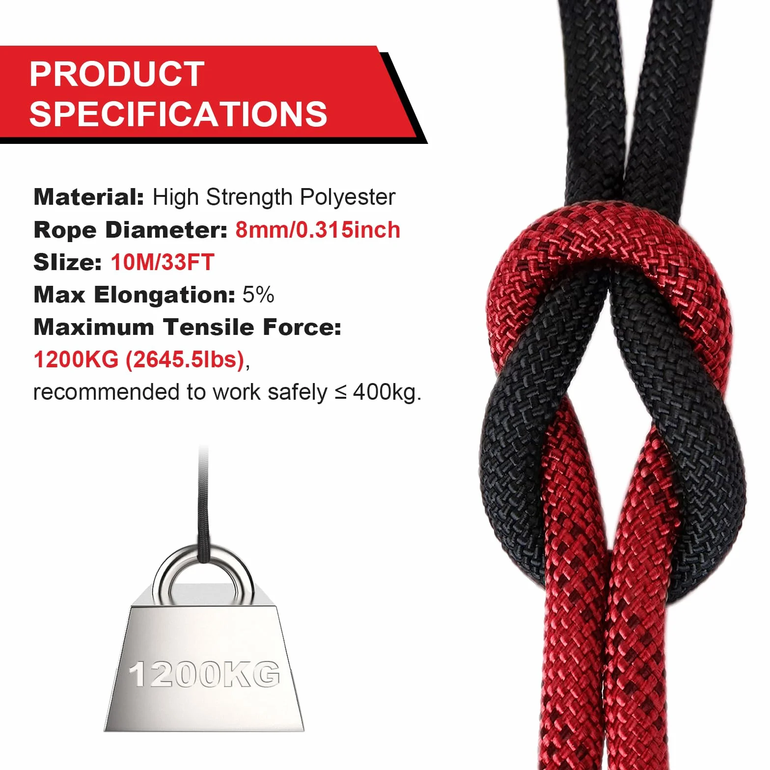 Cuerda de Escalada Estática 8 mm con Mosquetones, Nailon Trenzado, 10M