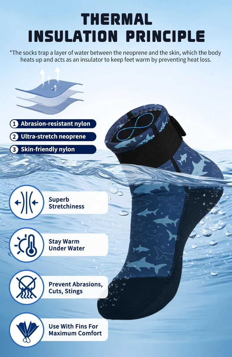 Calcetines de neopreno para niños, calcetines de agua de 3 mm, calcetines de baño para niñas y niños, antideslizantes, mantienen el calor, calcetines de buceo, calcetines de playa para playa