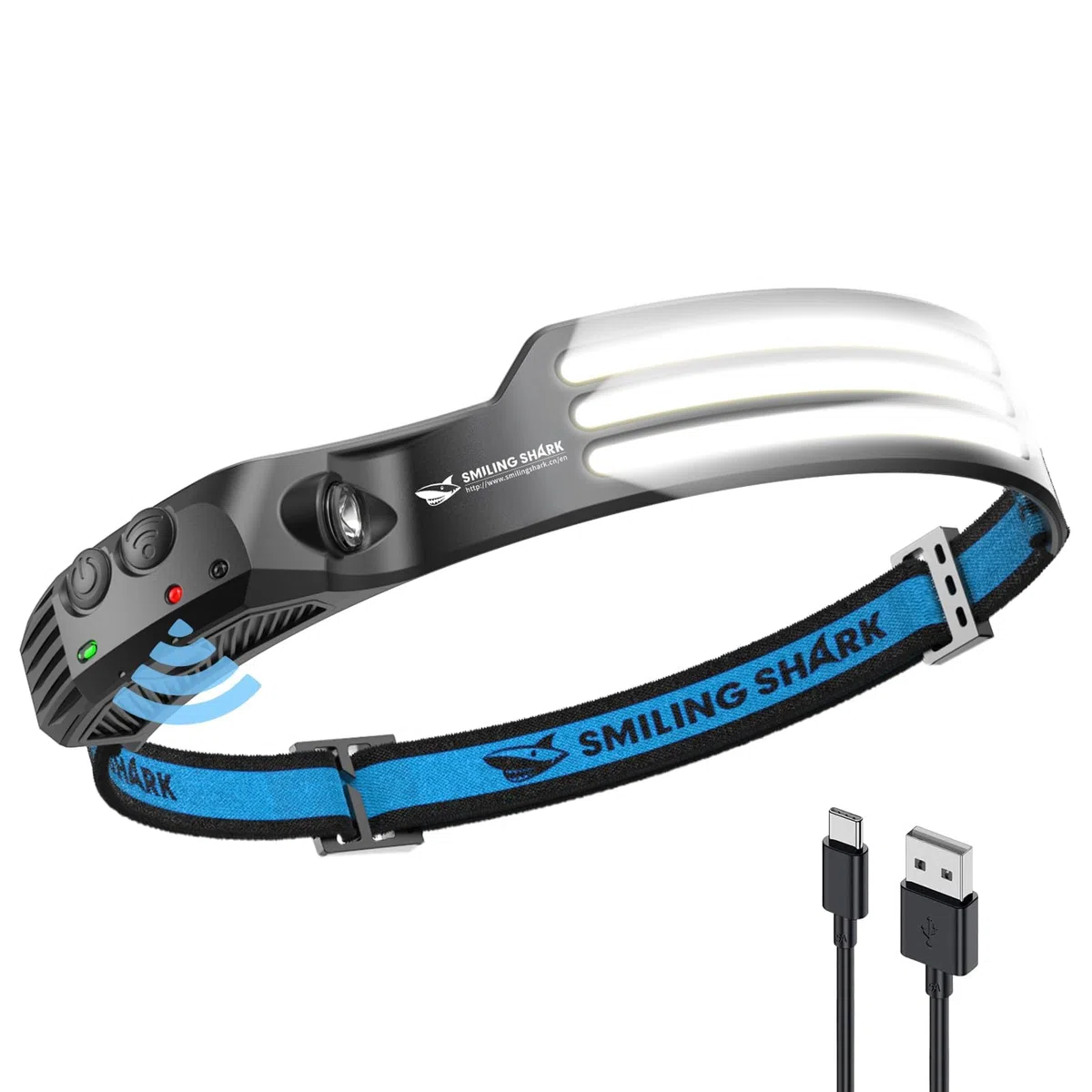 Smiling Shark - Lámpara frontal, 230 °, ángulo ancho, 3 luces LED, luz blanca, recargable con sensor de movimiento impermeable para acampar senderismo, lámpara frontal-LED-Camping-Light