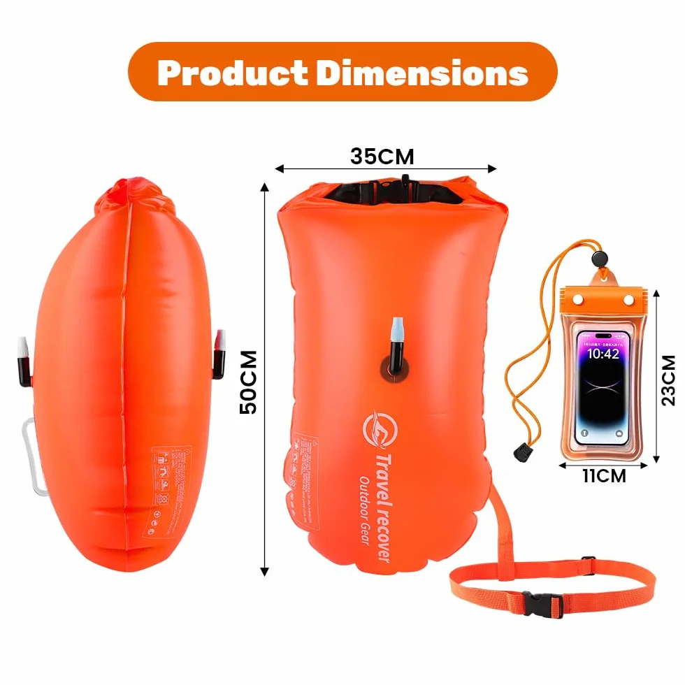 20L Boya Natacion Aguas Abiertas, Boya Natacion con Bolsa Impermeable, Boyas inflables aptas para Aguas Abiertas y triatlón, Funda Impermeable para teléfono incluida, Naranja